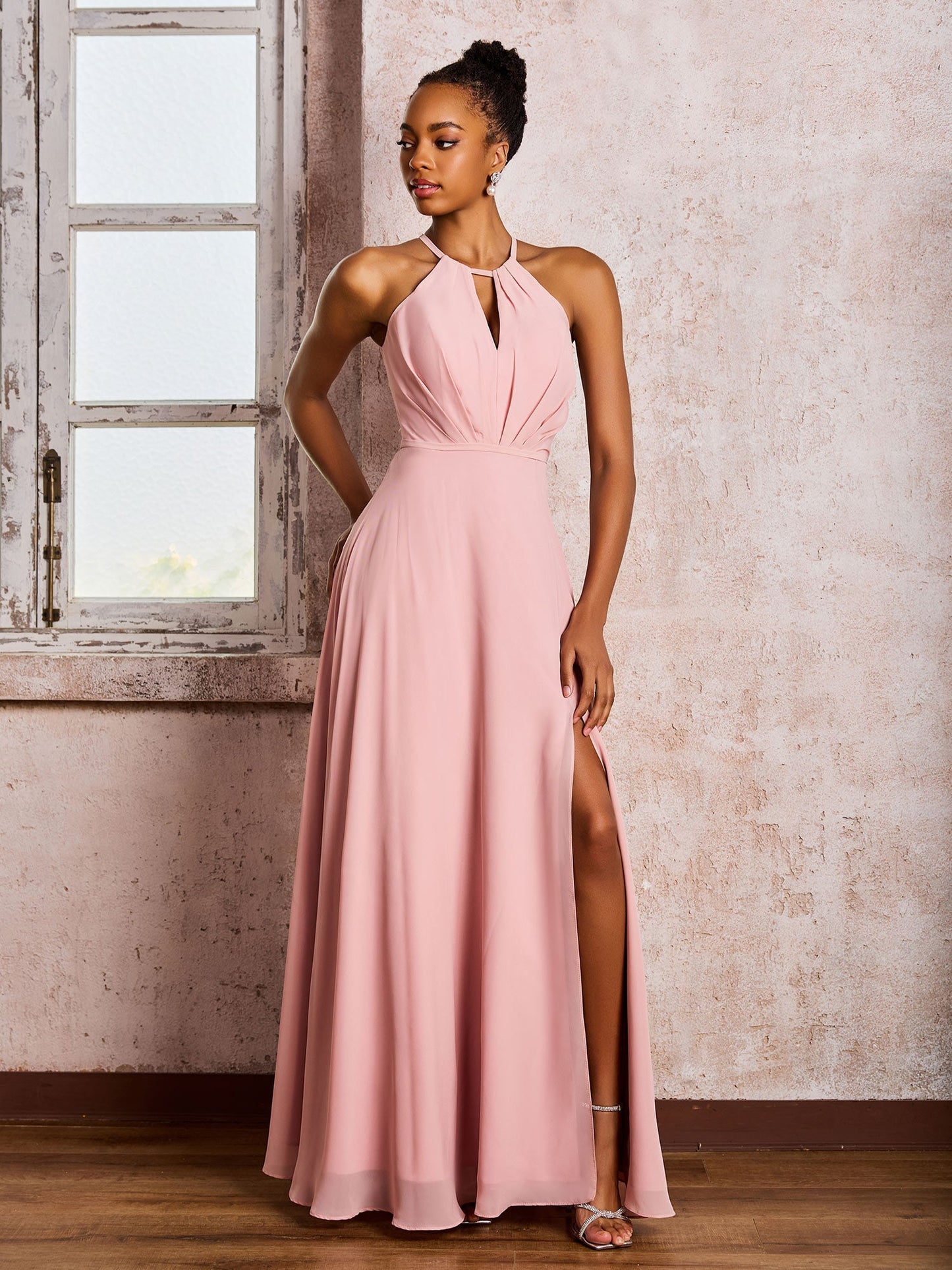 Open Back Halter Bow Chiffon Long Dresses with Slit Dusty Rose