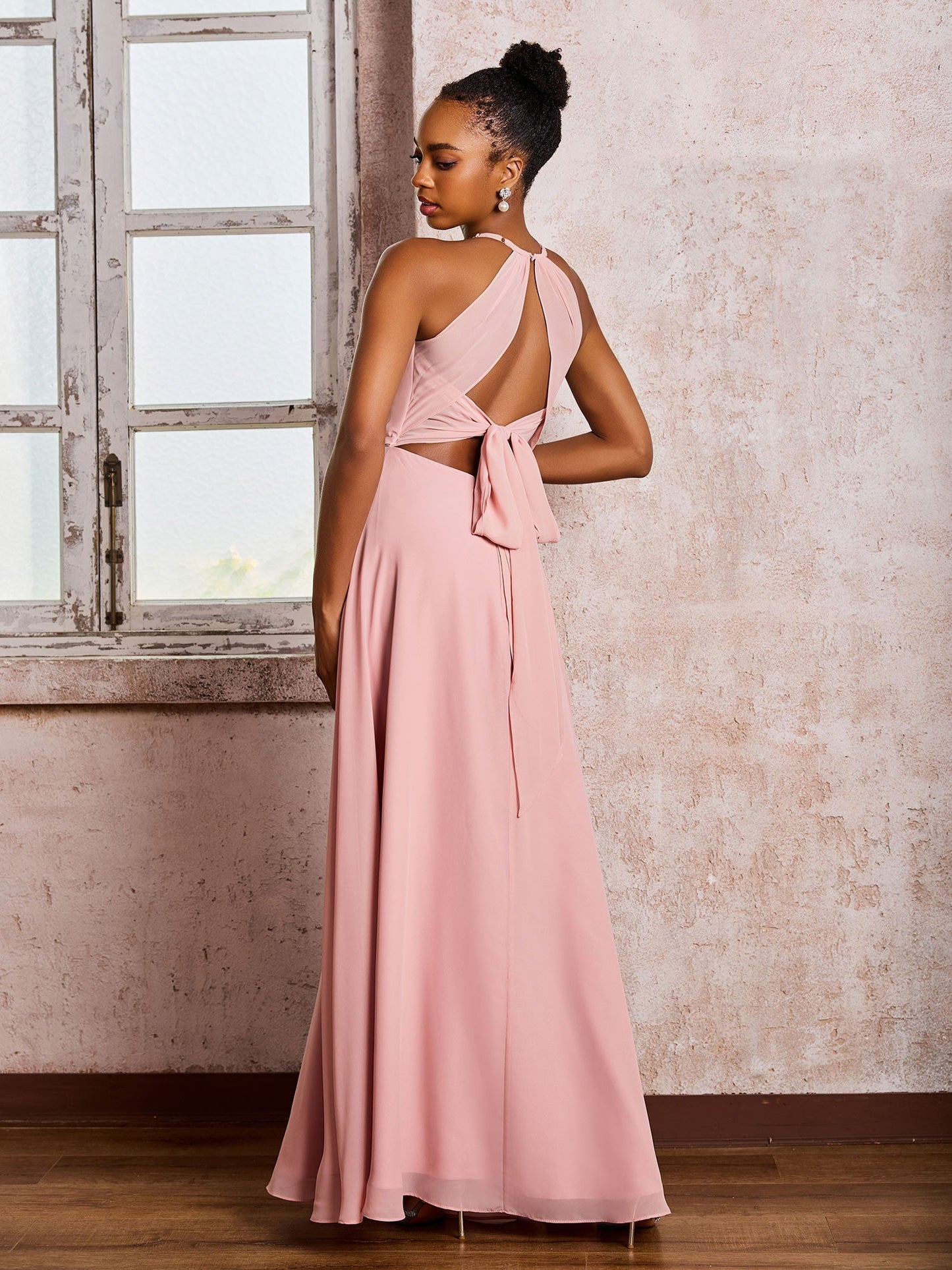 Open Back Halter Bow Chiffon Long Dresses with Slit Dusty Rose