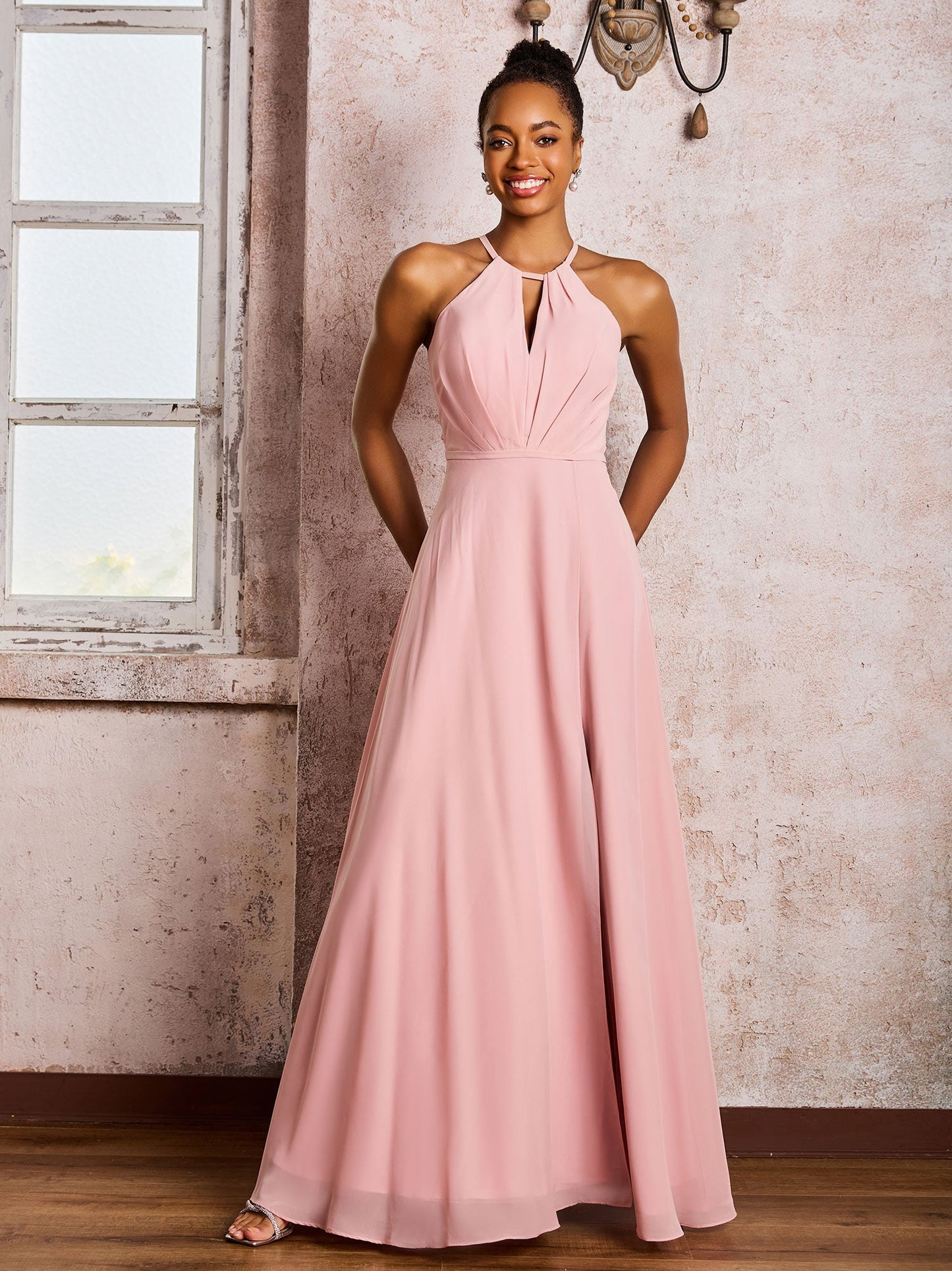 Open Back Halter Bow Chiffon Long Dresses with Slit Dusty Rose