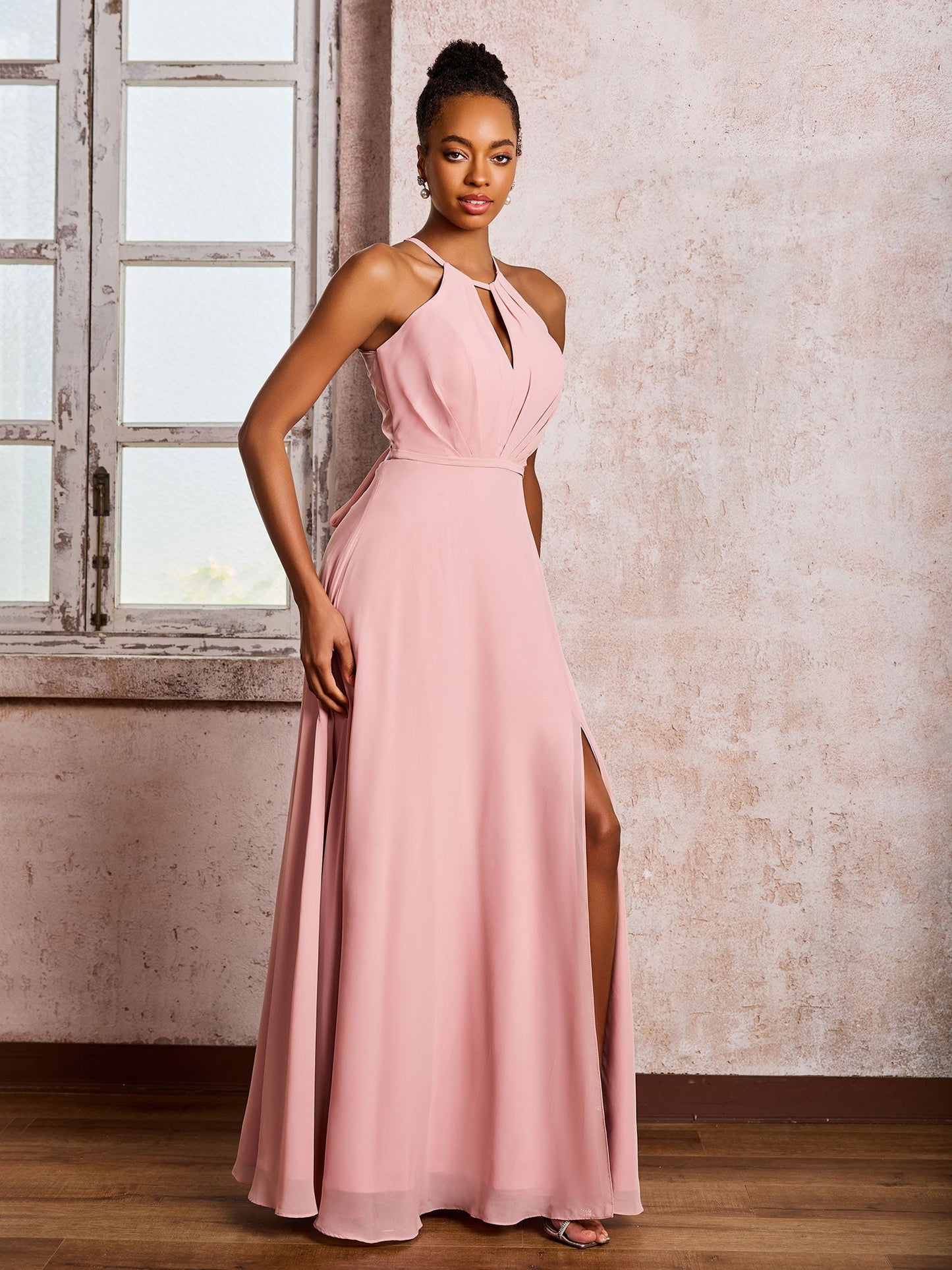 Open Back Halter Bow Chiffon Long Dresses with Slit Dusty Rose
