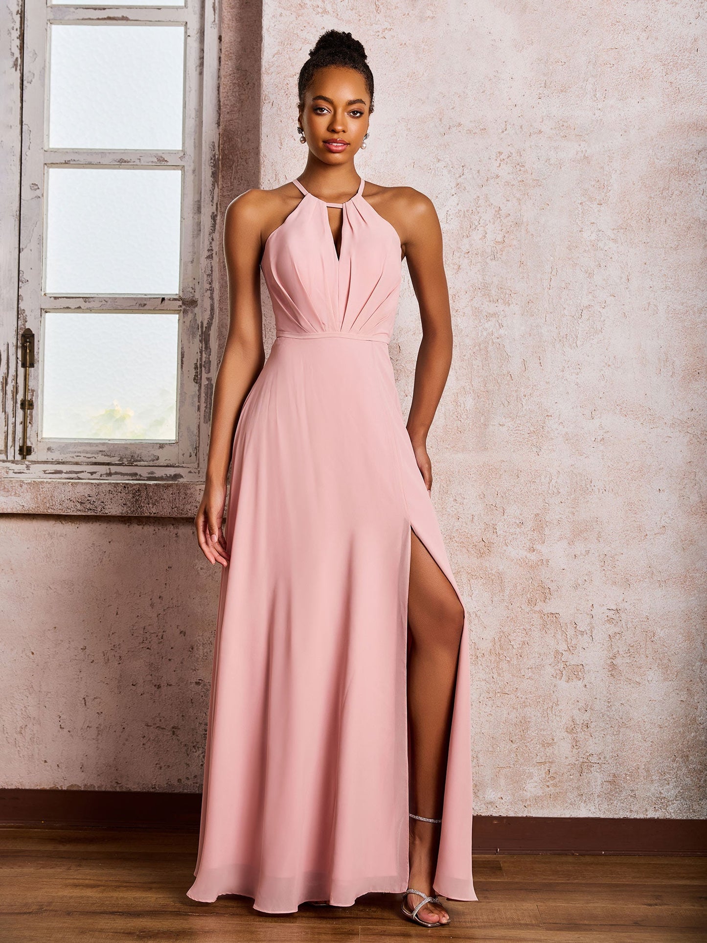 Open Back Halter Bow Chiffon Long Dresses with Slit Dusty Rose