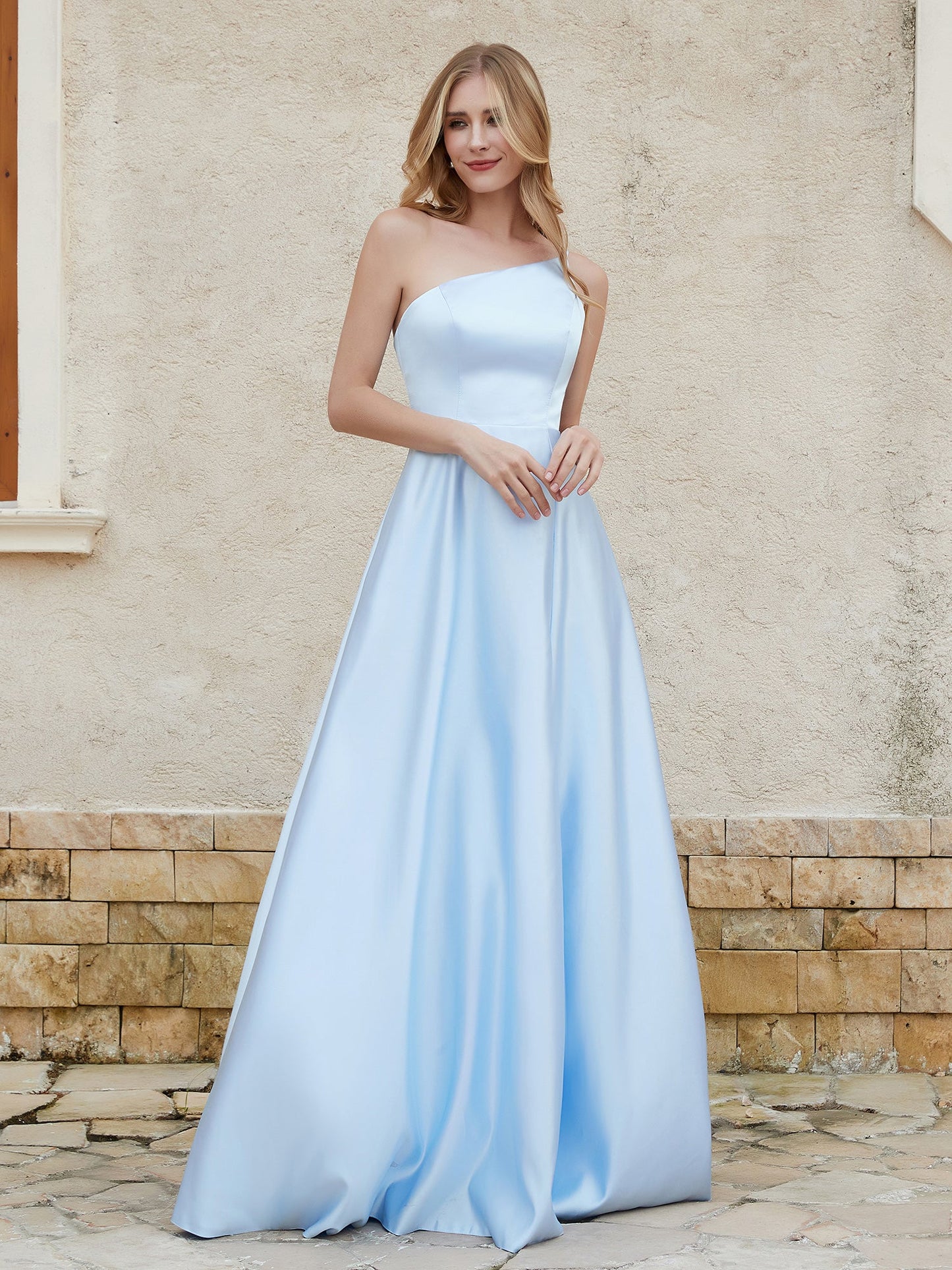 One Shoulder Satin Gown with Pocket Sky Blue
