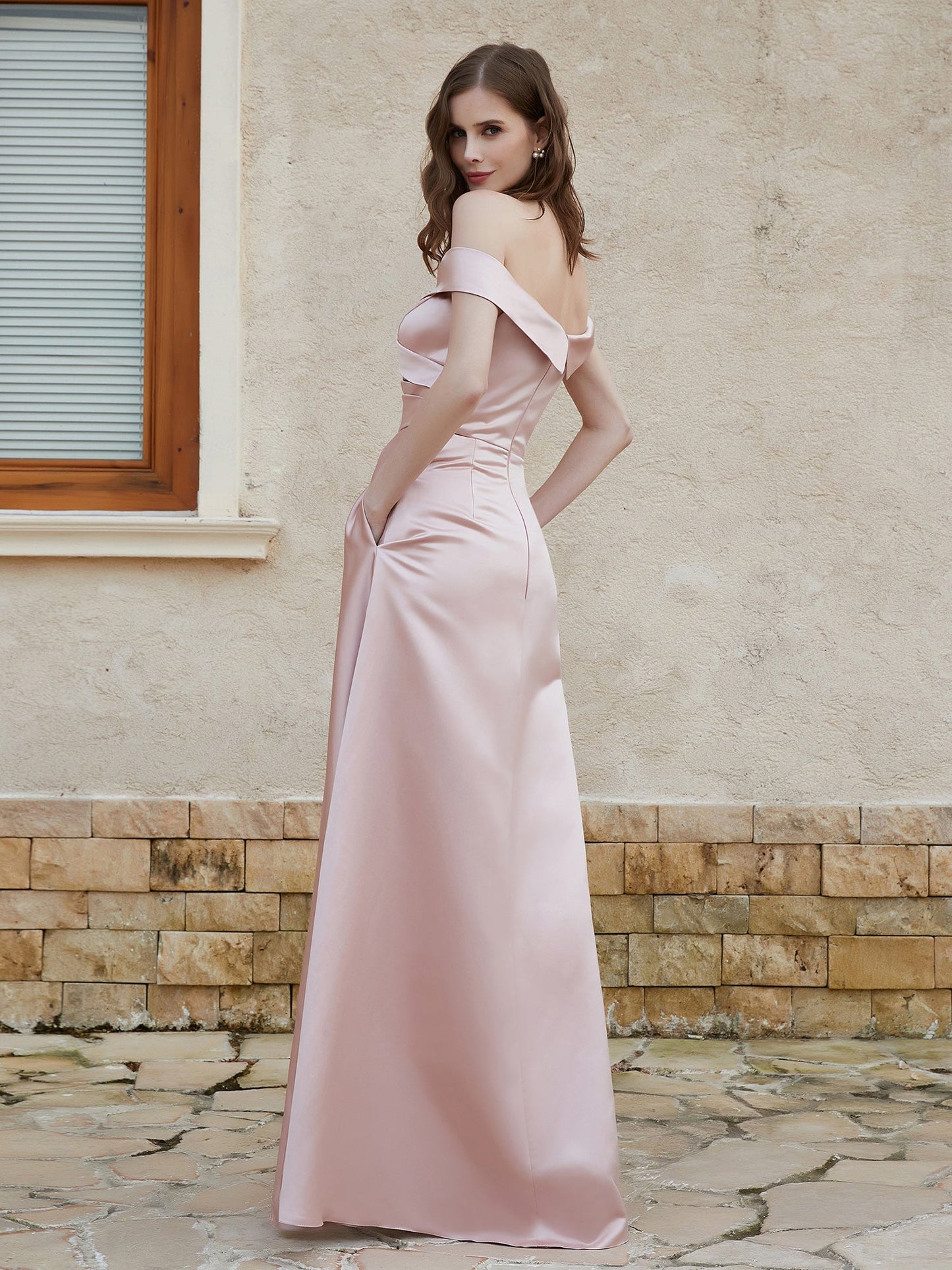 Off the Shoulder Satin Dress With Slit Dusty Rose