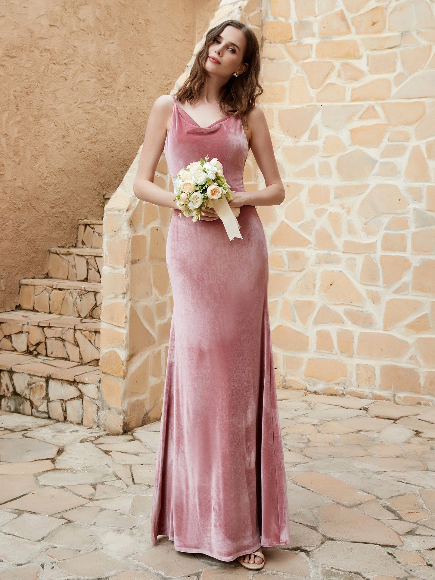 Cowl Neck Mermaid Velvet Gown Dusty Rose