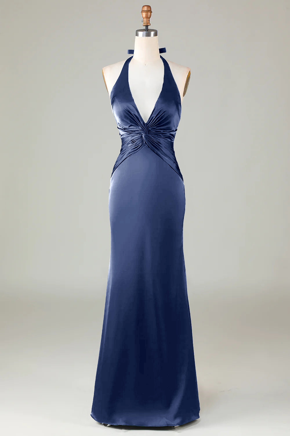 Dusty Sage Satin Sheath Halter Long Bridesmaid Dress