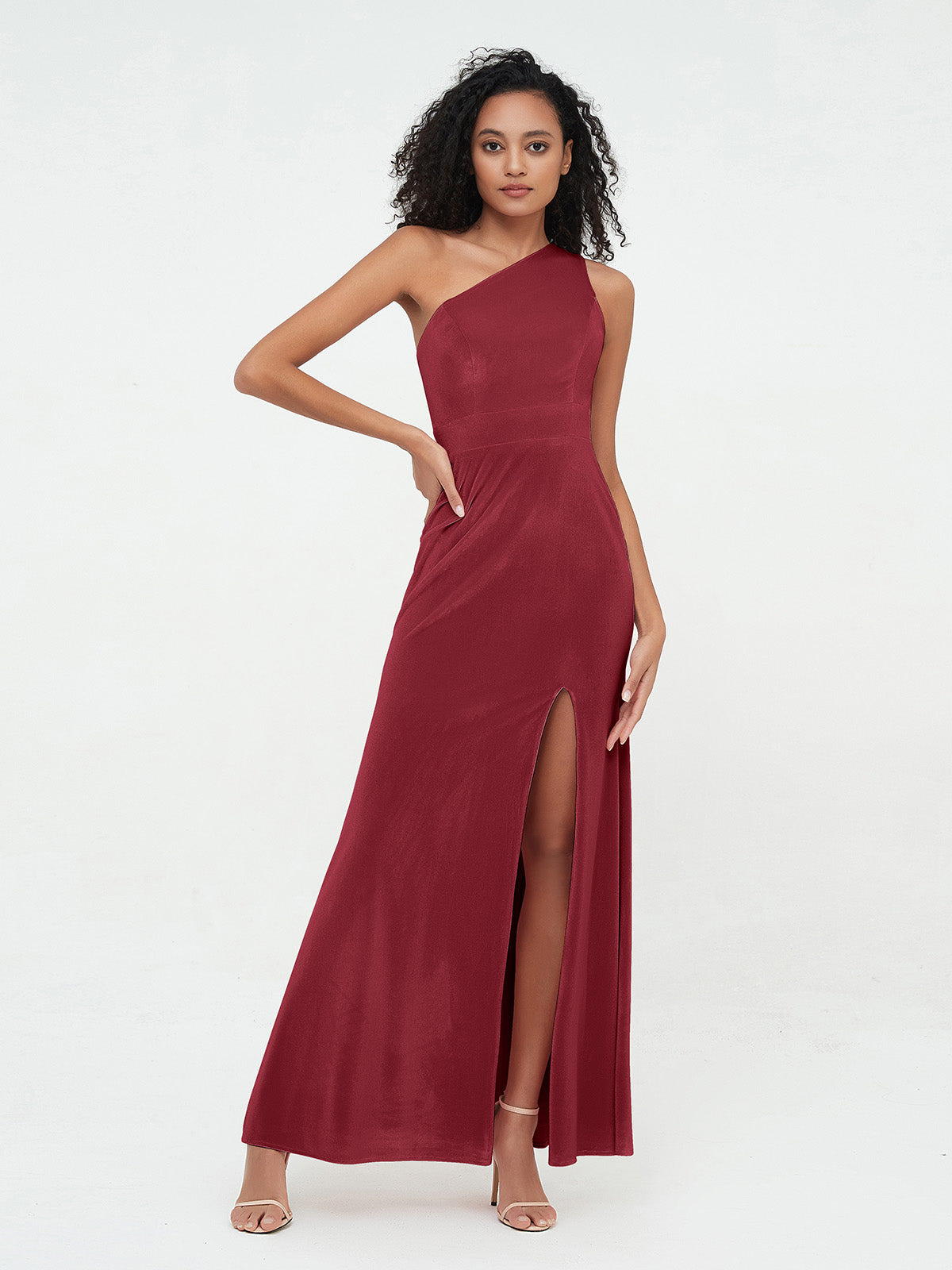 One Shoulder Open Back Velvet Dresses with Slit Burgundy