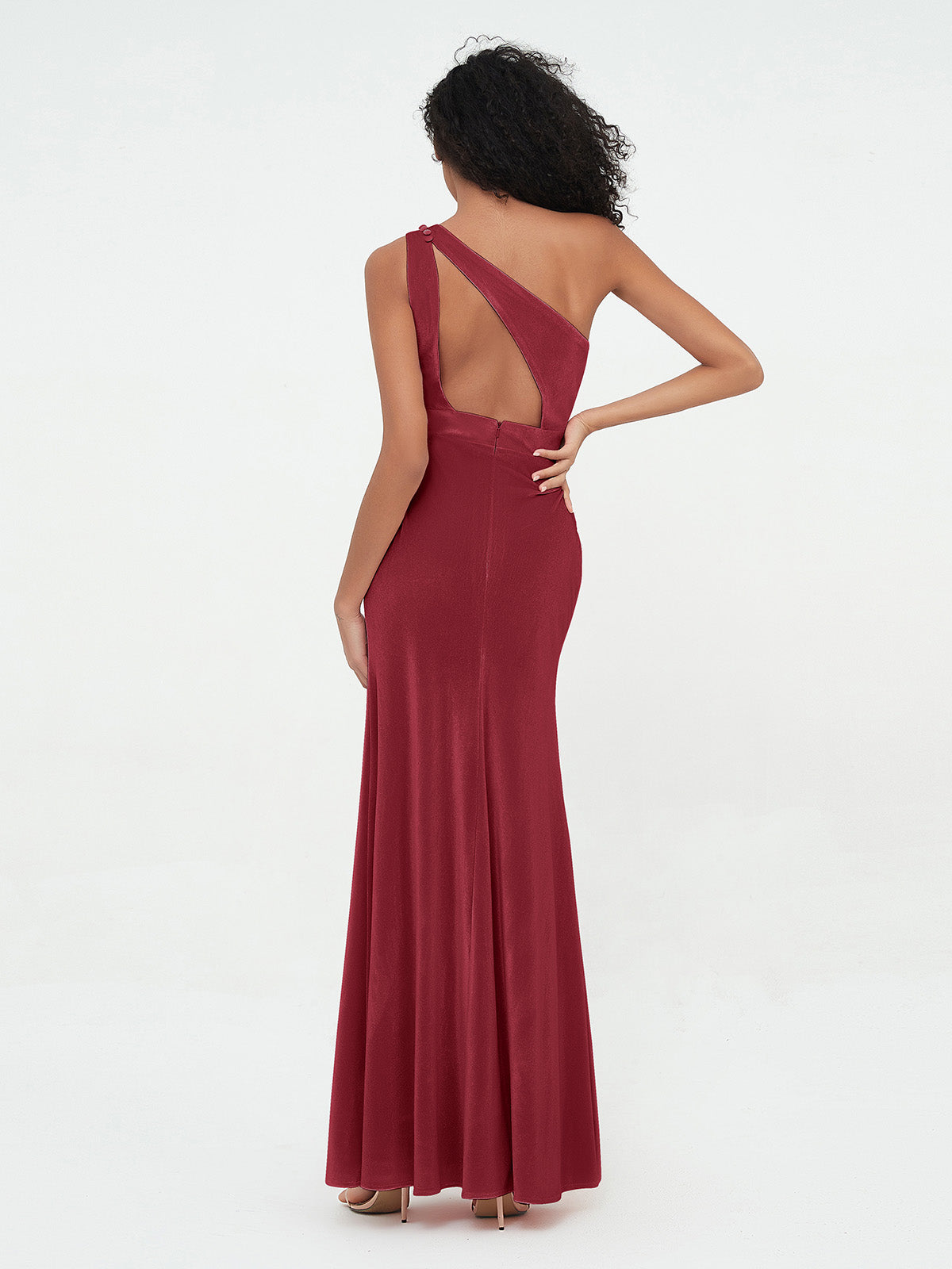 One Shoulder Open Back Velvet Dresses with Slit Burgundy