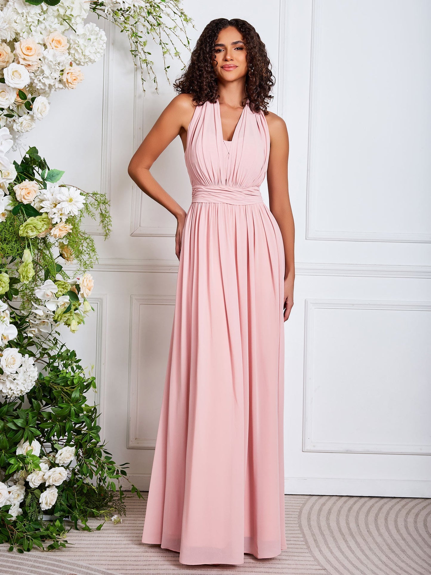 A-line Hlter Neck Floor Length Chiffon Bridesmaid Dresses