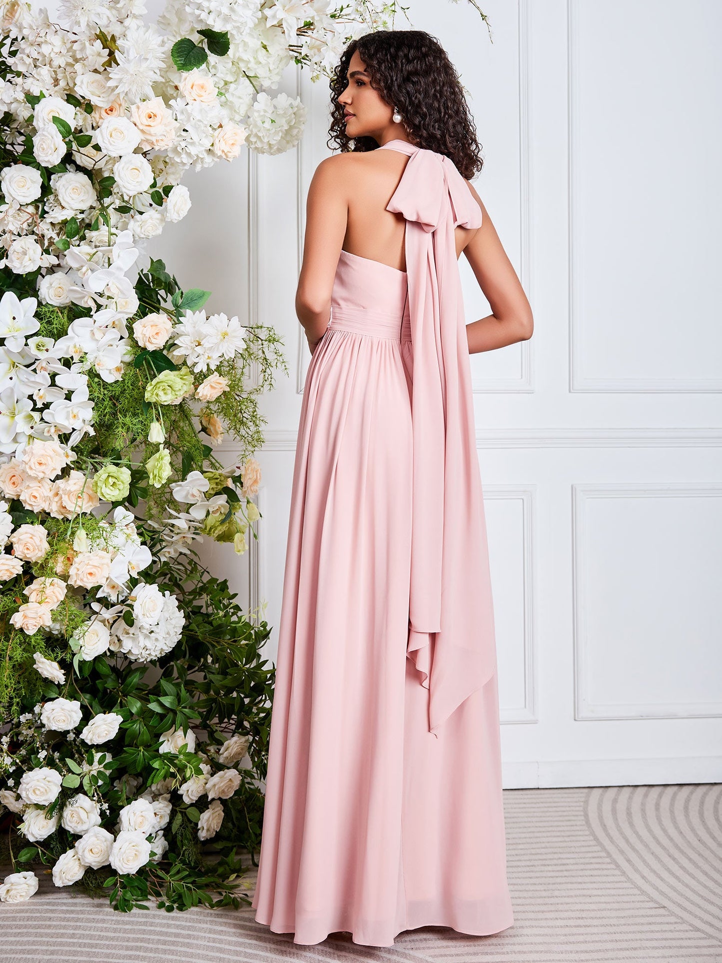A-line Hlter Neck Floor Length Chiffon Bridesmaid Dresses
