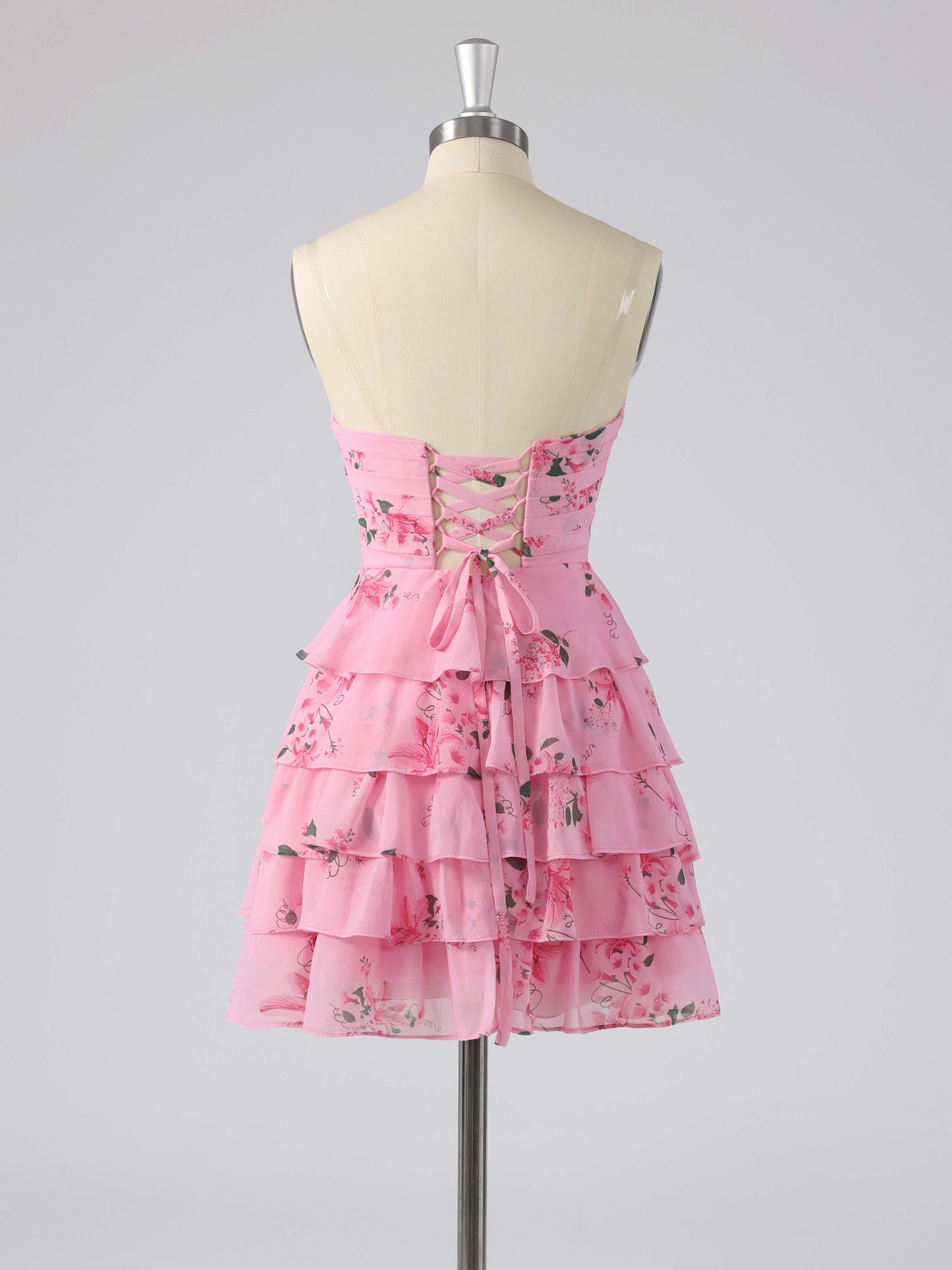 Denor Sweetheart Tiered Floral Print Short Homecoming Dress with Bow