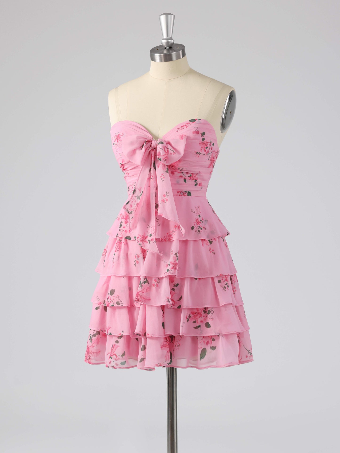 Denor Sweetheart Tiered Floral Print Short Homecoming Dress with Bow