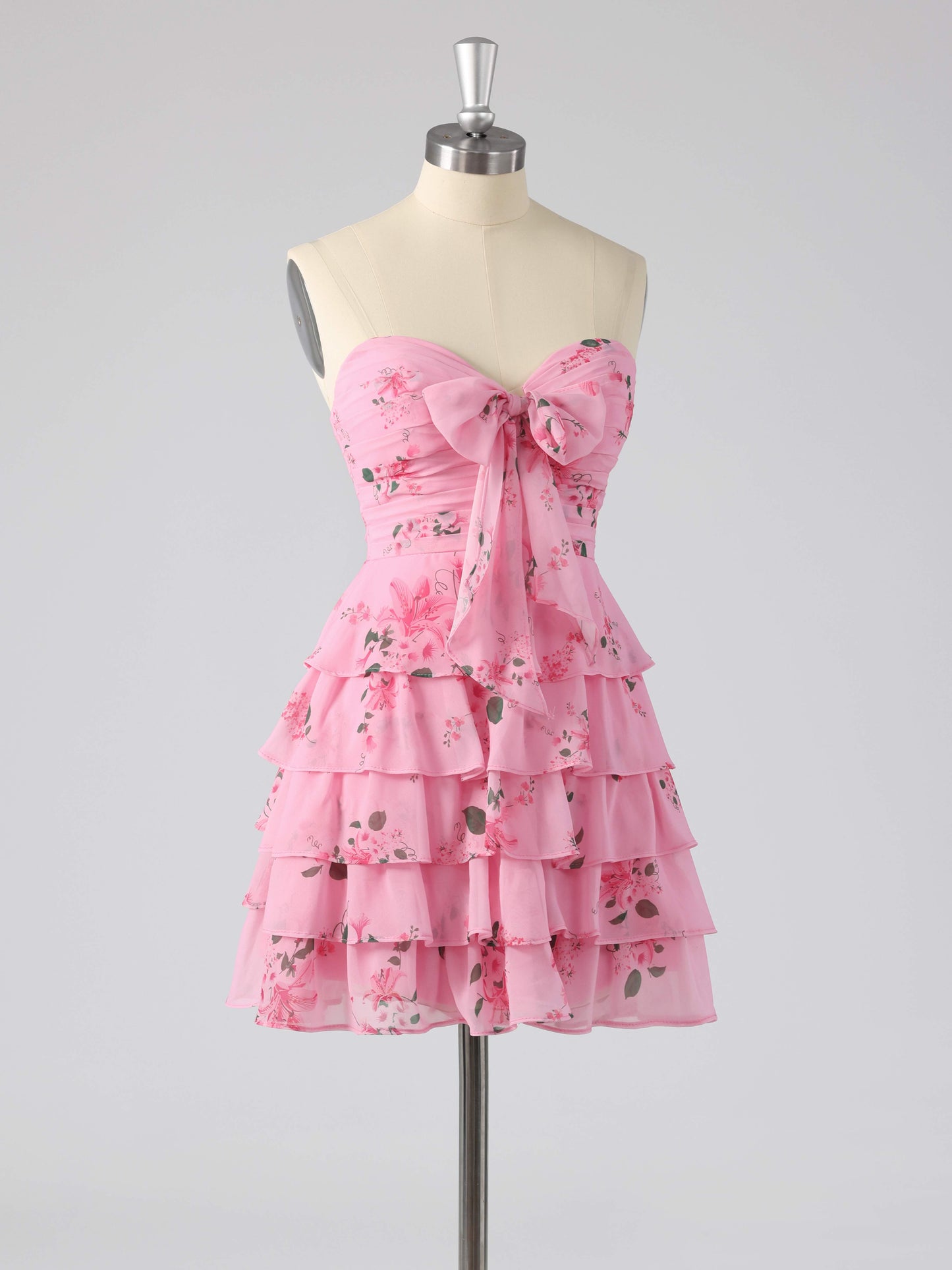 Denor Sweetheart Tiered Floral Print Short Homecoming Dress with Bow