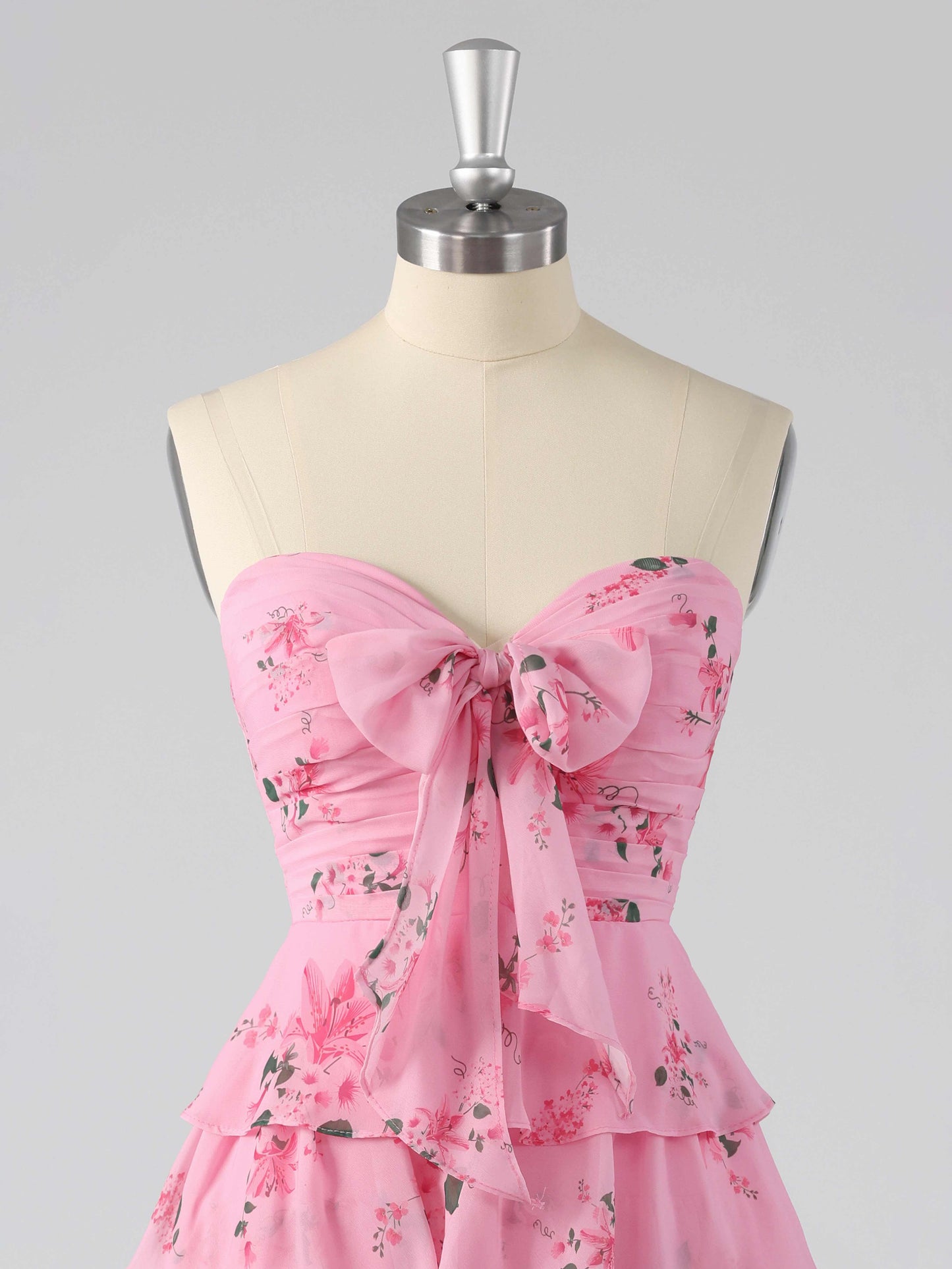 Denor Sweetheart Tiered Floral Print Short Homecoming Dress with Bow