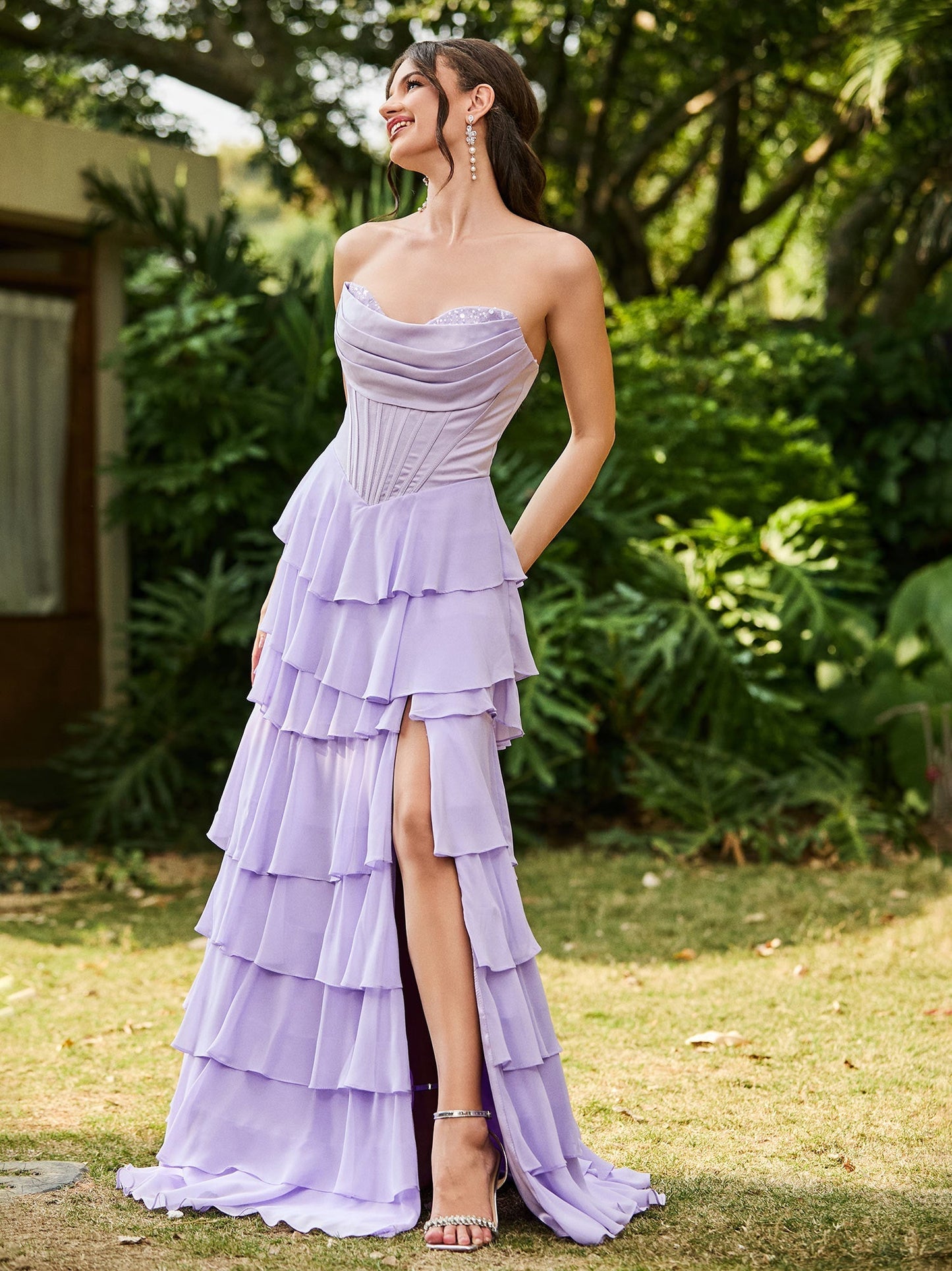 Strapless Corset Ruffled Maxi Dress Lilac
