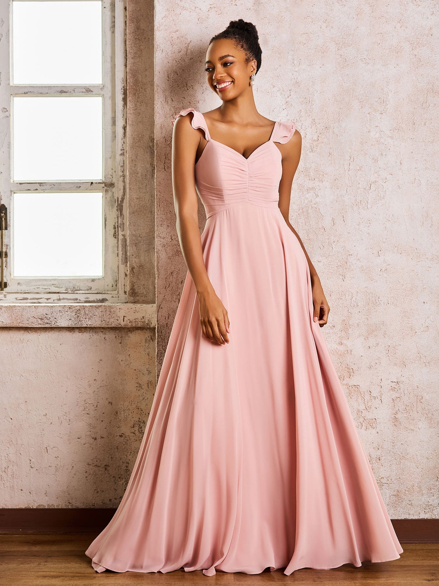 Ruched Straps Sleeveless A-line Chiffon Bridesmaid Dresses Dusty Rose