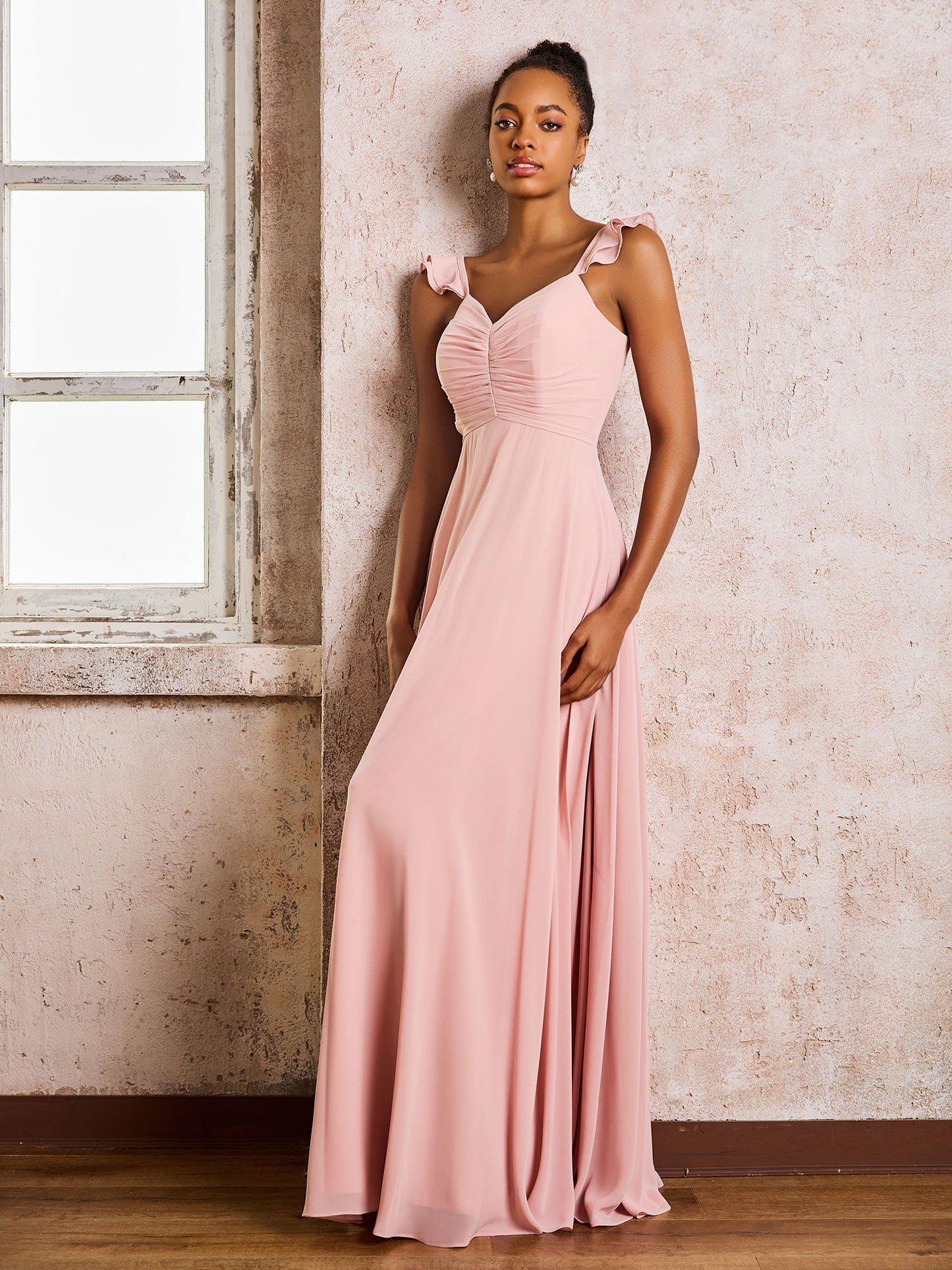 Ruched Straps Sleeveless A-line Chiffon Bridesmaid Dresses Dusty Rose
