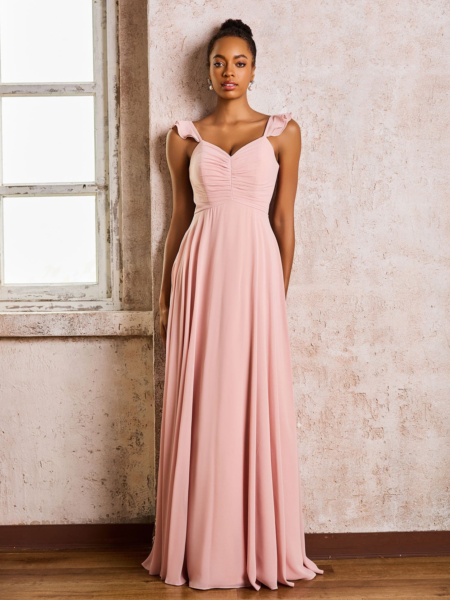 Ruched Straps Sleeveless A-line Chiffon Bridesmaid Dresses Dusty Rose