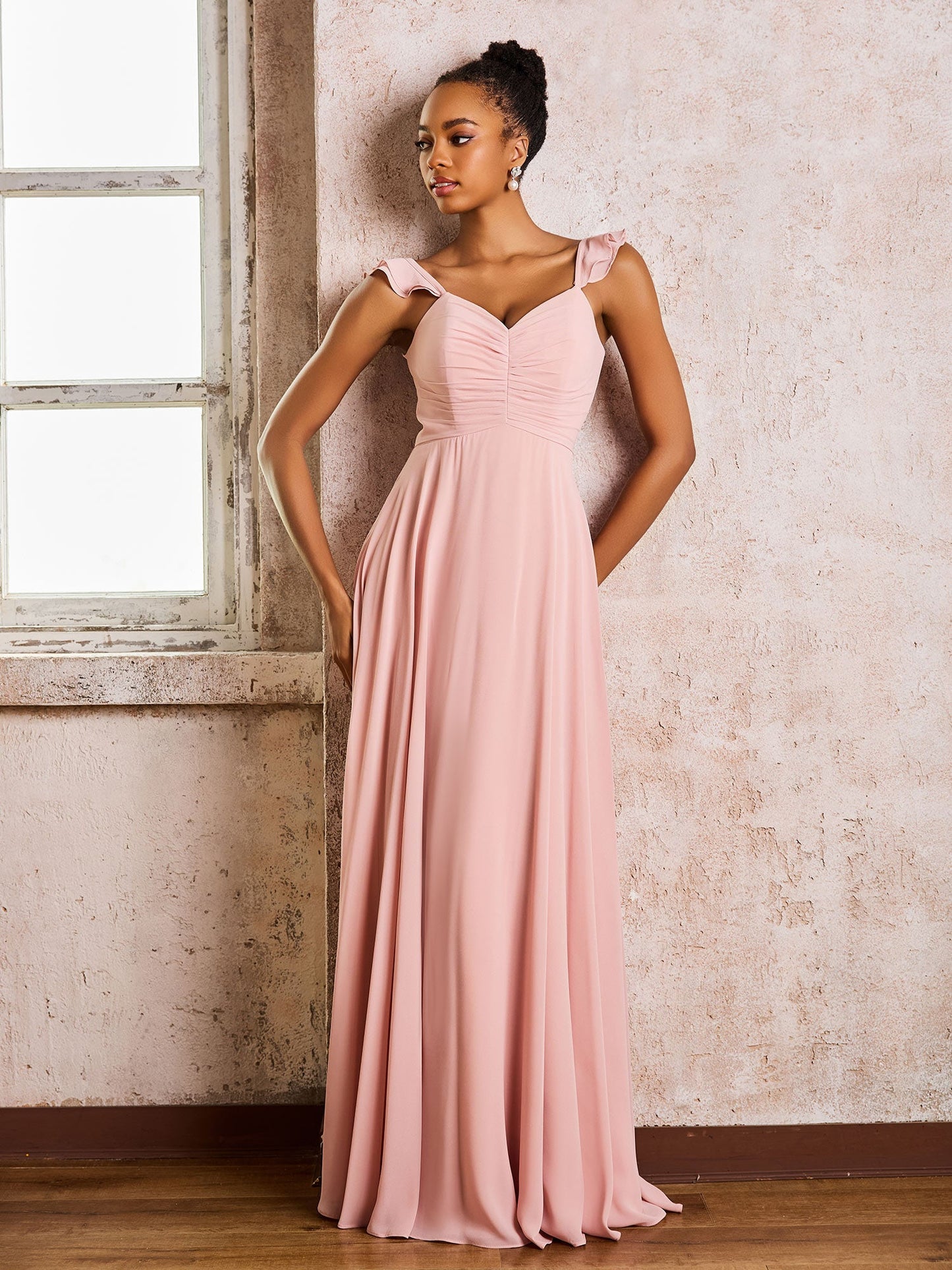 Ruched Straps Sleeveless A-line Chiffon Bridesmaid Dresses Dusty Rose