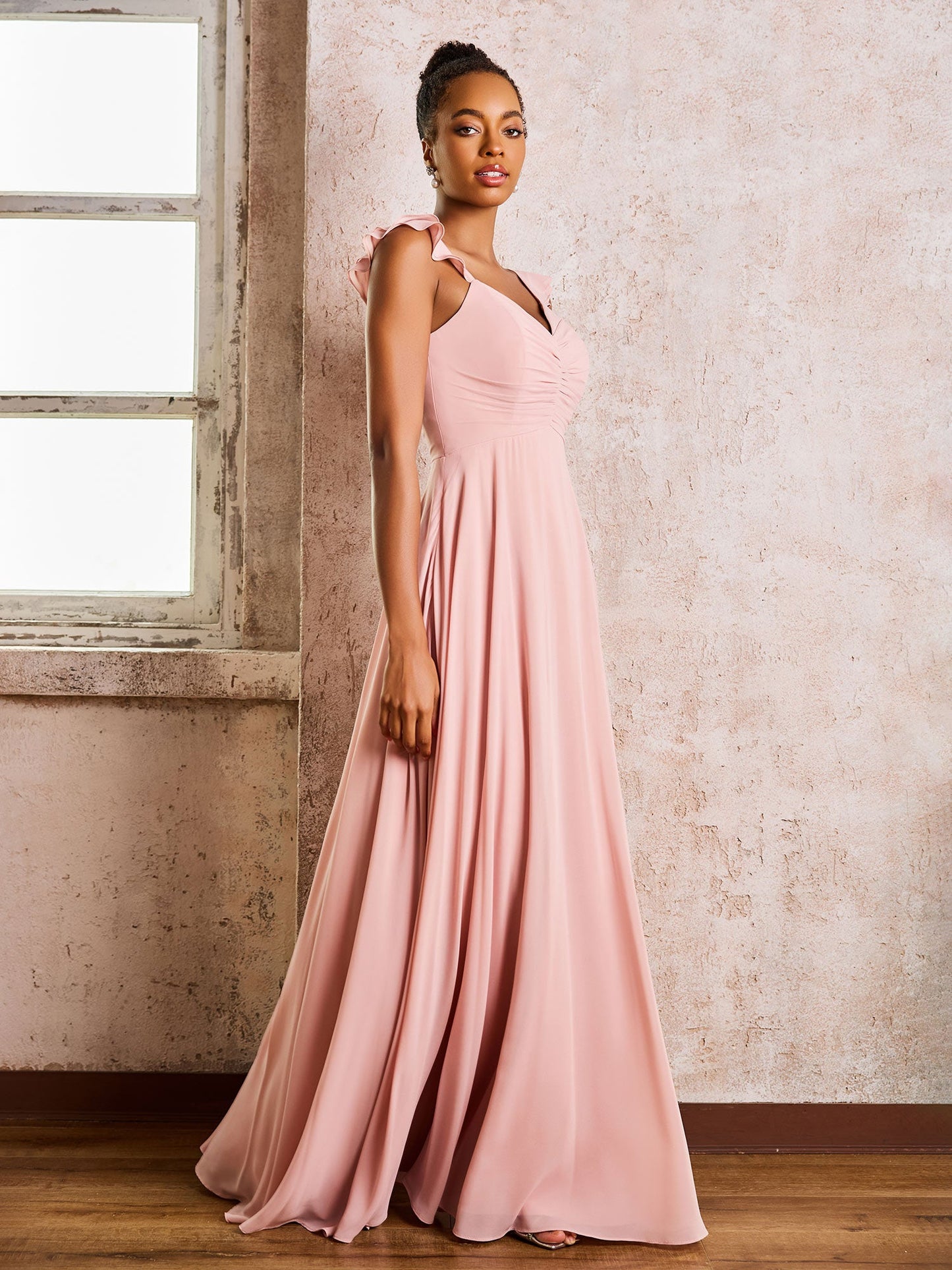 Ruched Straps Sleeveless A-line Chiffon Bridesmaid Dresses Dusty Rose