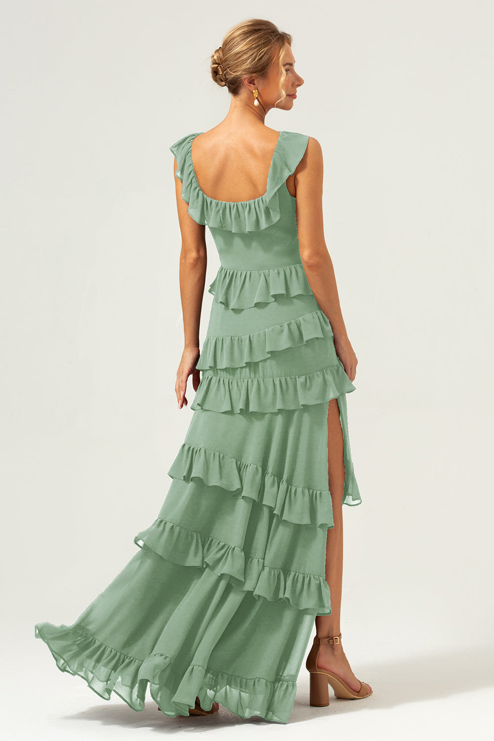Burgundy A-Line Ruffleed Chiffon Long Bridesmaid Dress with Slit