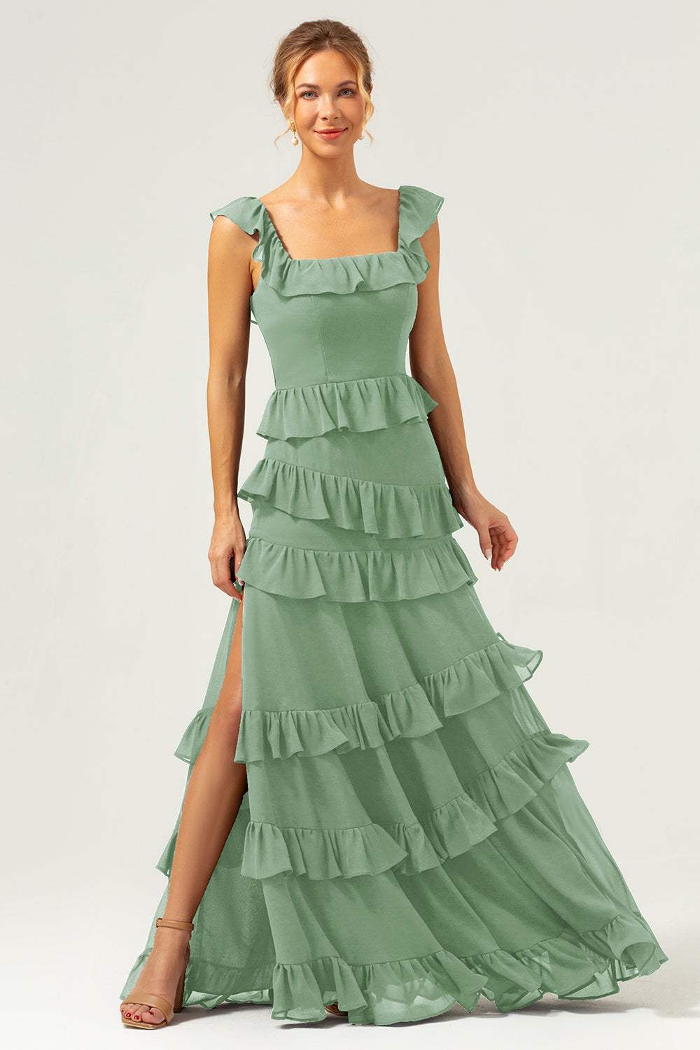 Burgundy A-Line Ruffleed Chiffon Long Bridesmaid Dress with Slit