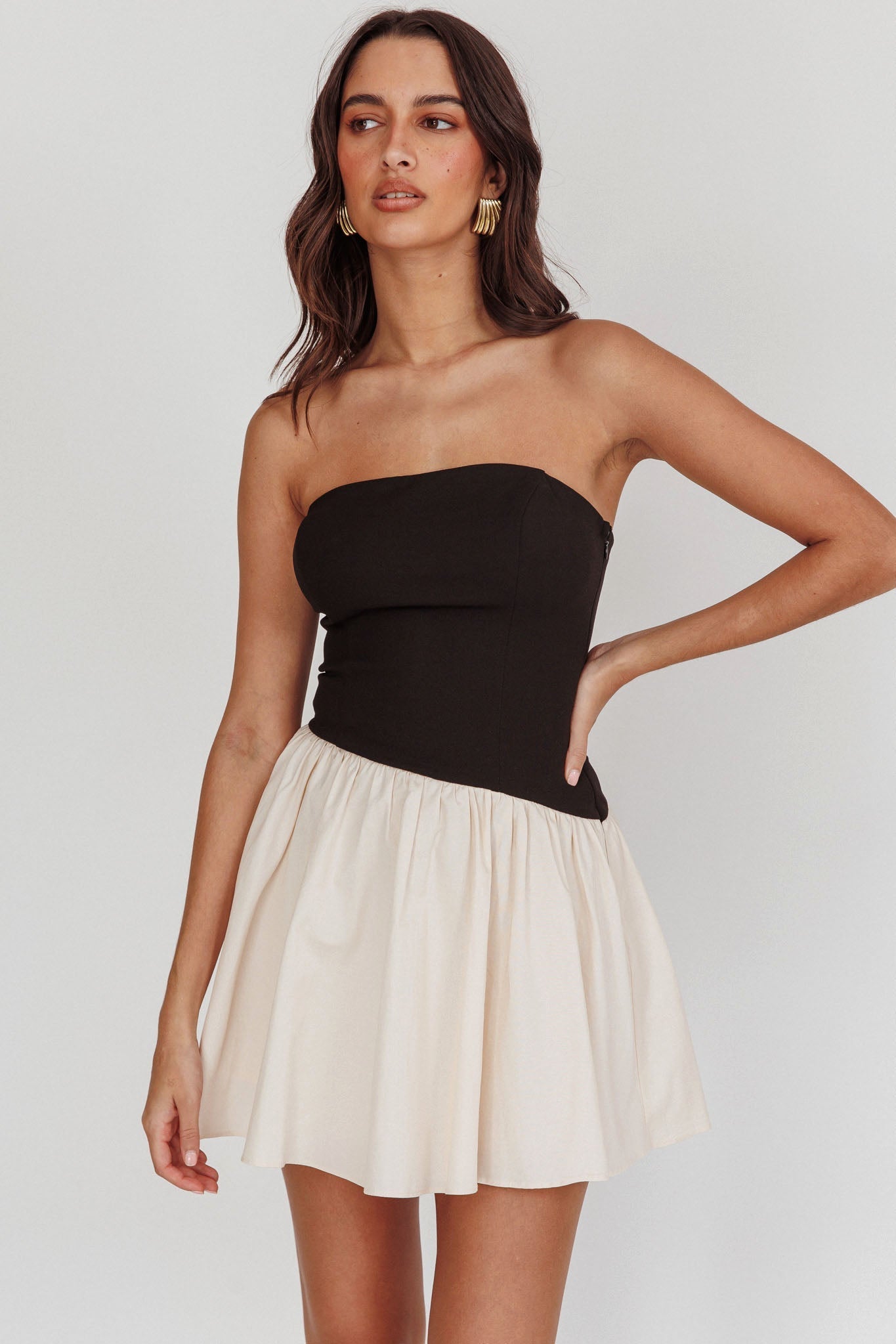 Marzipan Strapless Contrast Mini Dress Black Cream