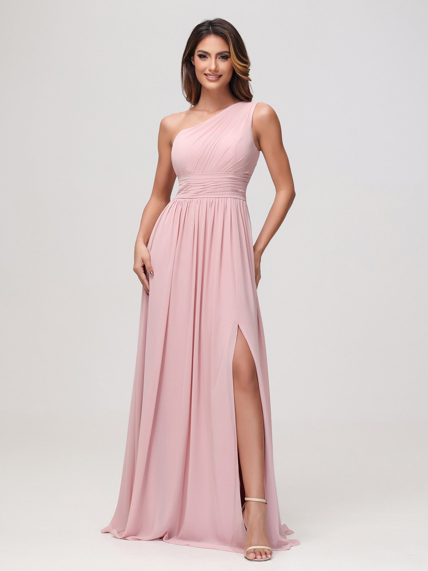 One Shoulder Sleeveless Ruched Chiffon A-line Dress Dusty Rose