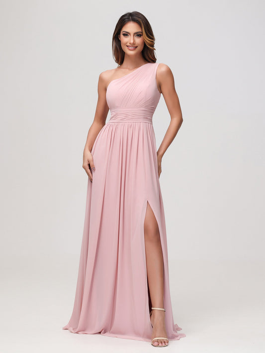 One Shoulder Sleeveless Ruched Chiffon A-line Dress Dusty Rose