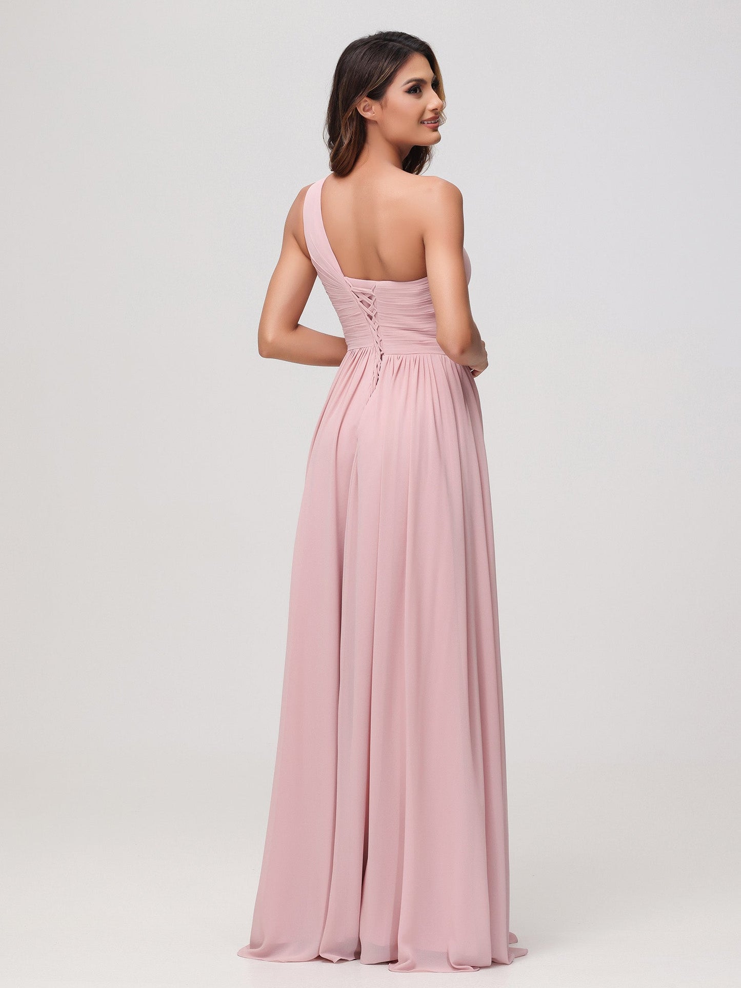 One Shoulder Sleeveless Ruched Chiffon A-line Dress Dusty Rose