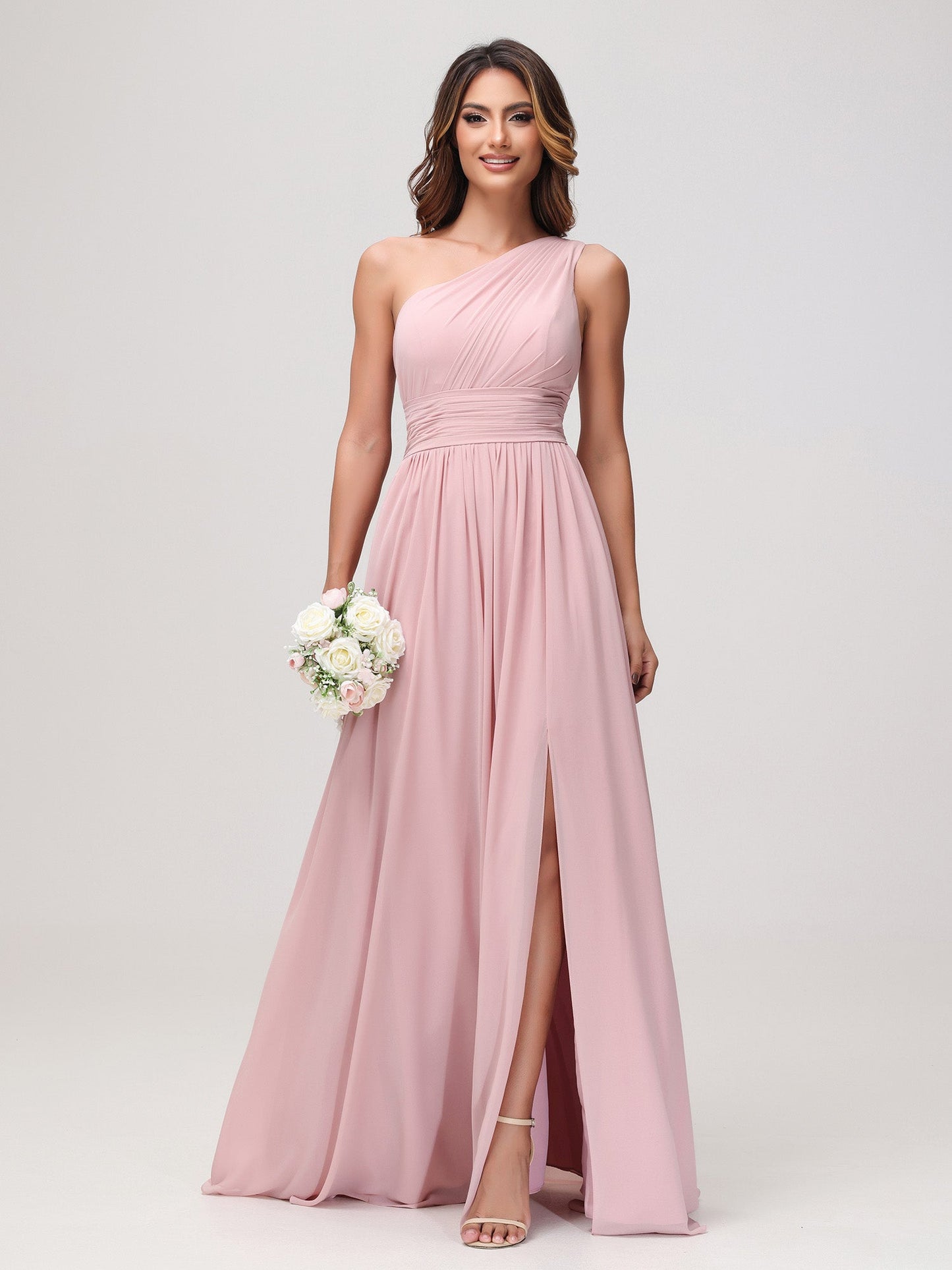 One Shoulder Sleeveless Ruched Chiffon A-line Dress Dusty Rose
