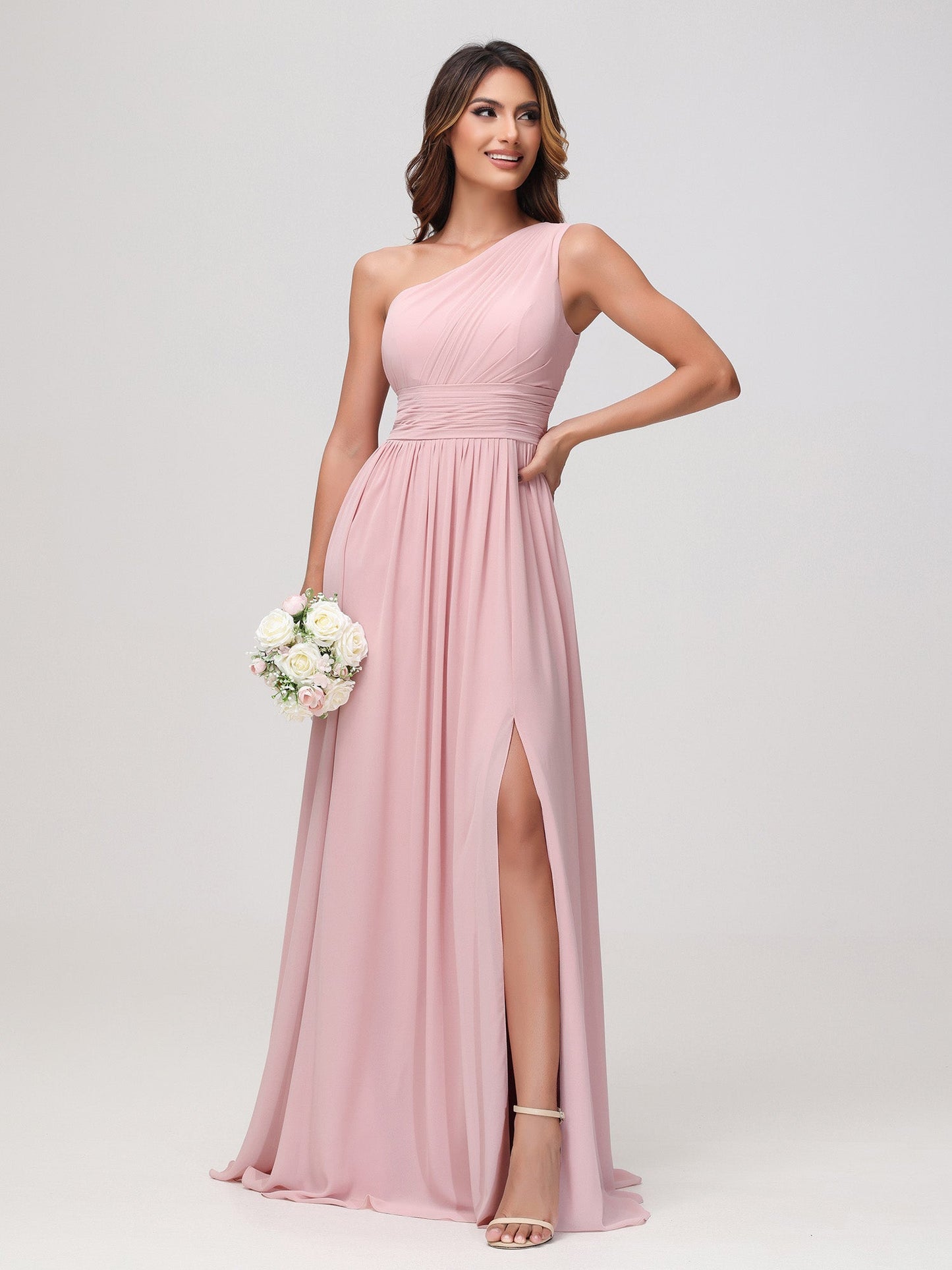 One Shoulder Sleeveless Ruched Chiffon A-line Dress Dusty Rose