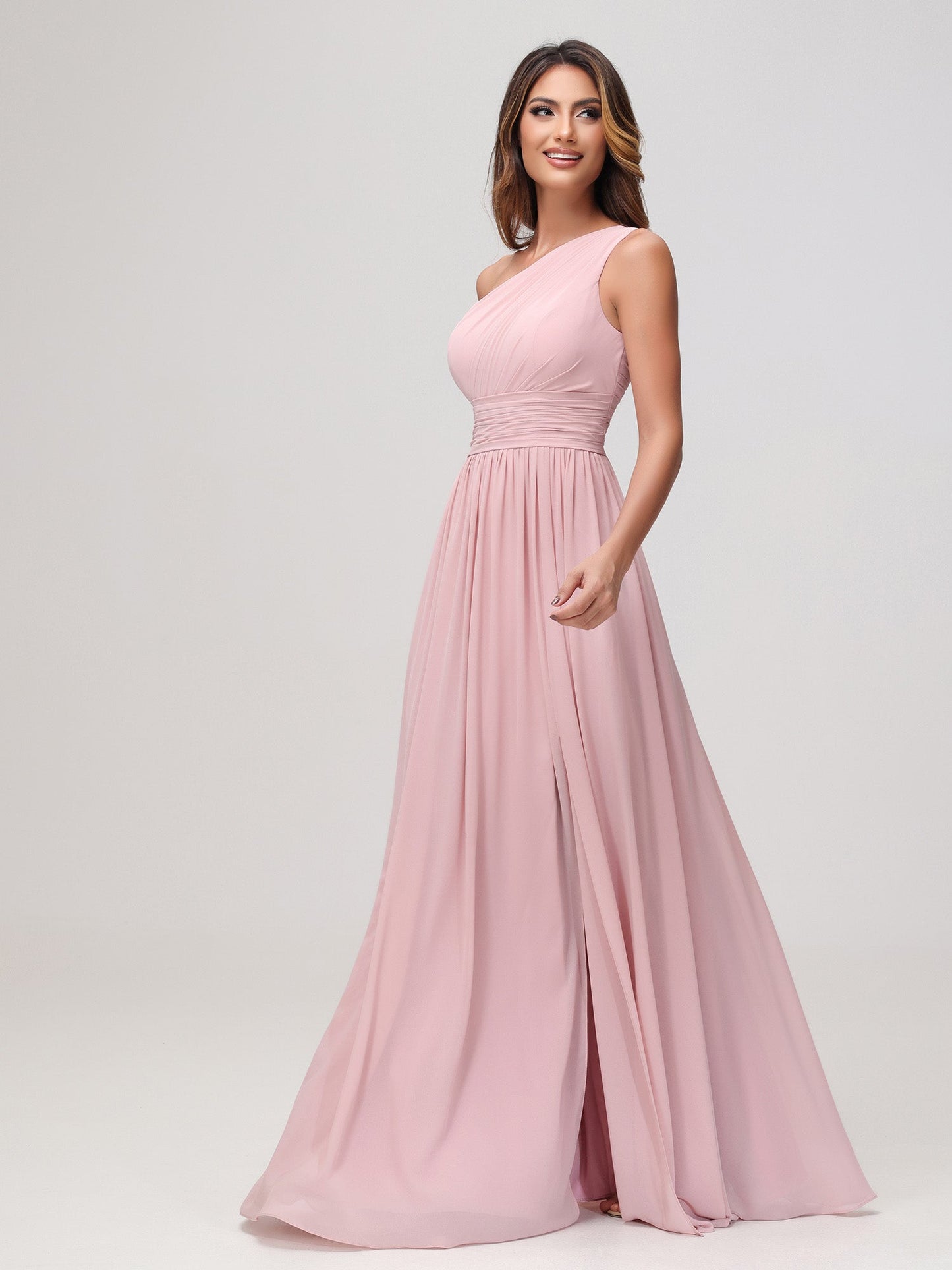One Shoulder Sleeveless Ruched Chiffon A-line Dress Dusty Rose