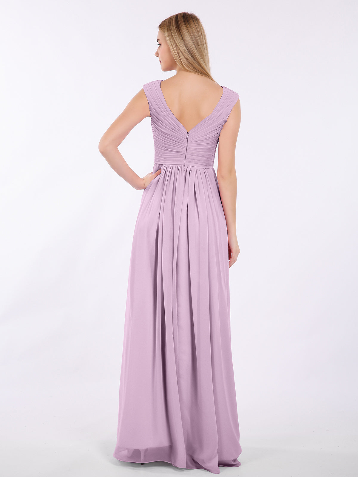 V Neck Chiffon Gown with Cap Sleeves Wisteria