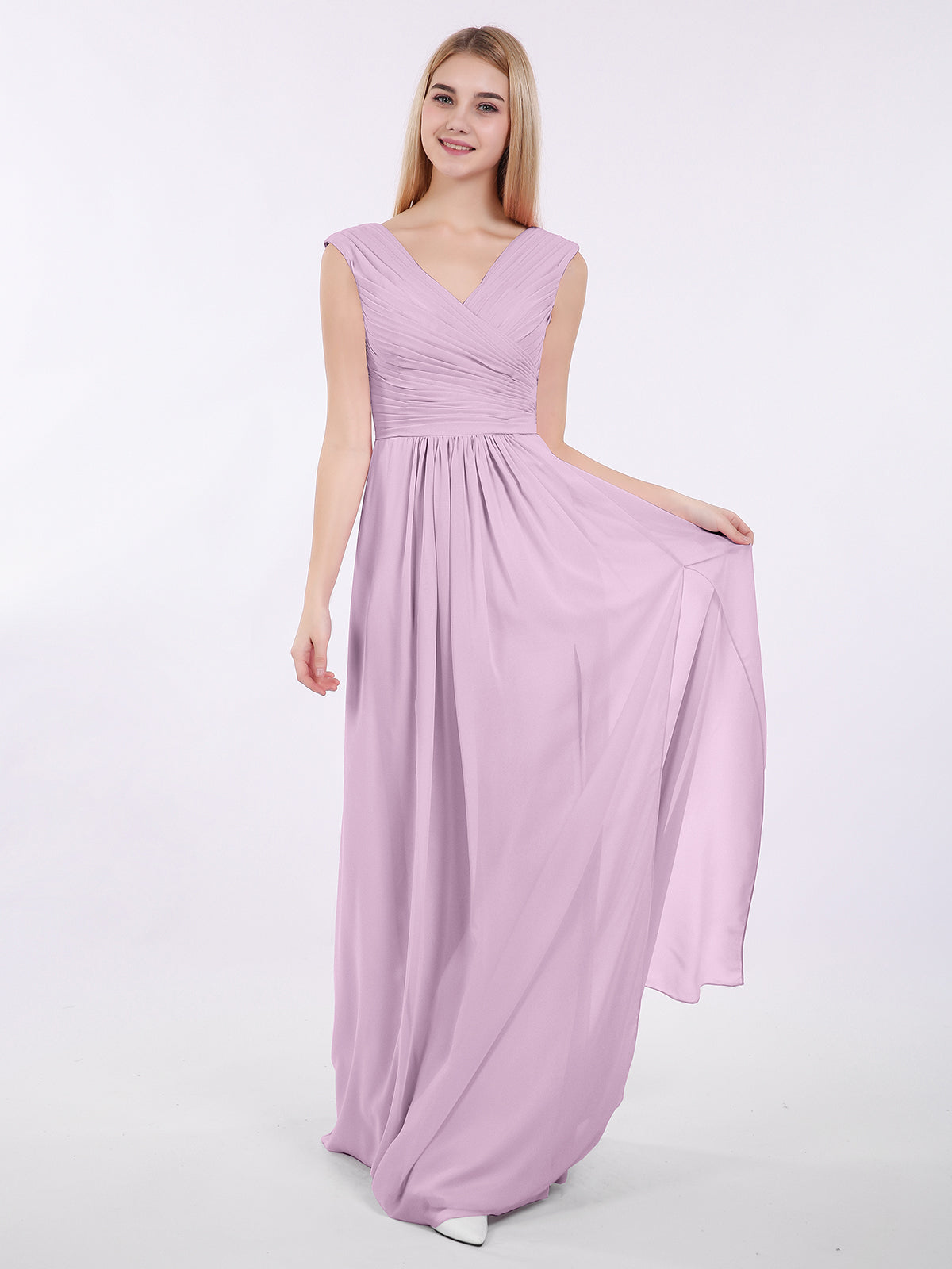 V Neck Chiffon Gown with Cap Sleeves Wisteria
