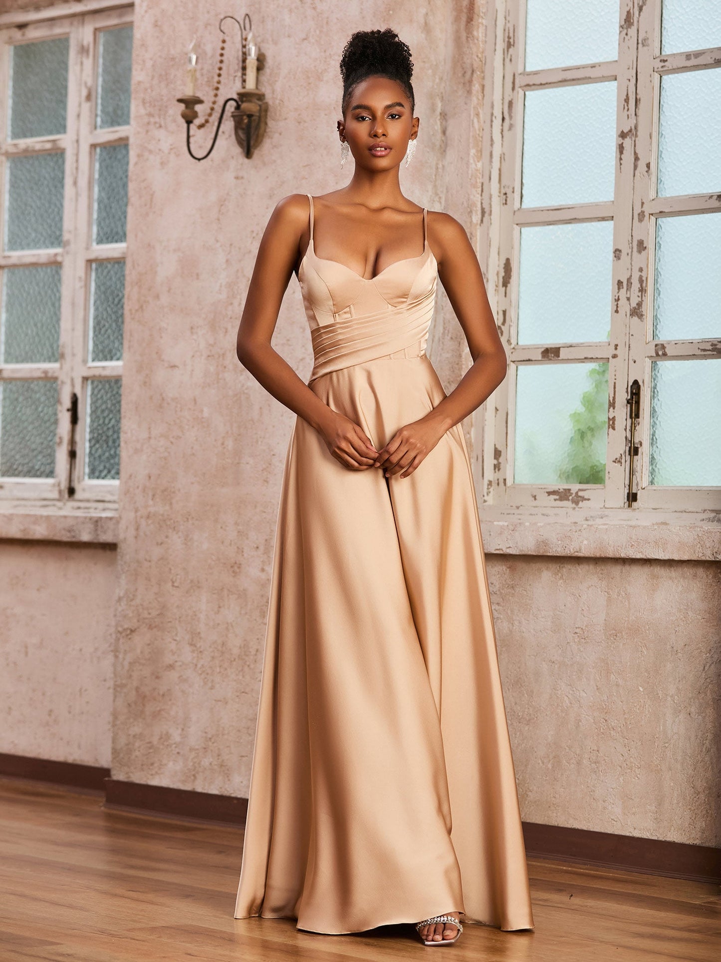 Corset Top Pleated Stretch Satin Dress Champagne