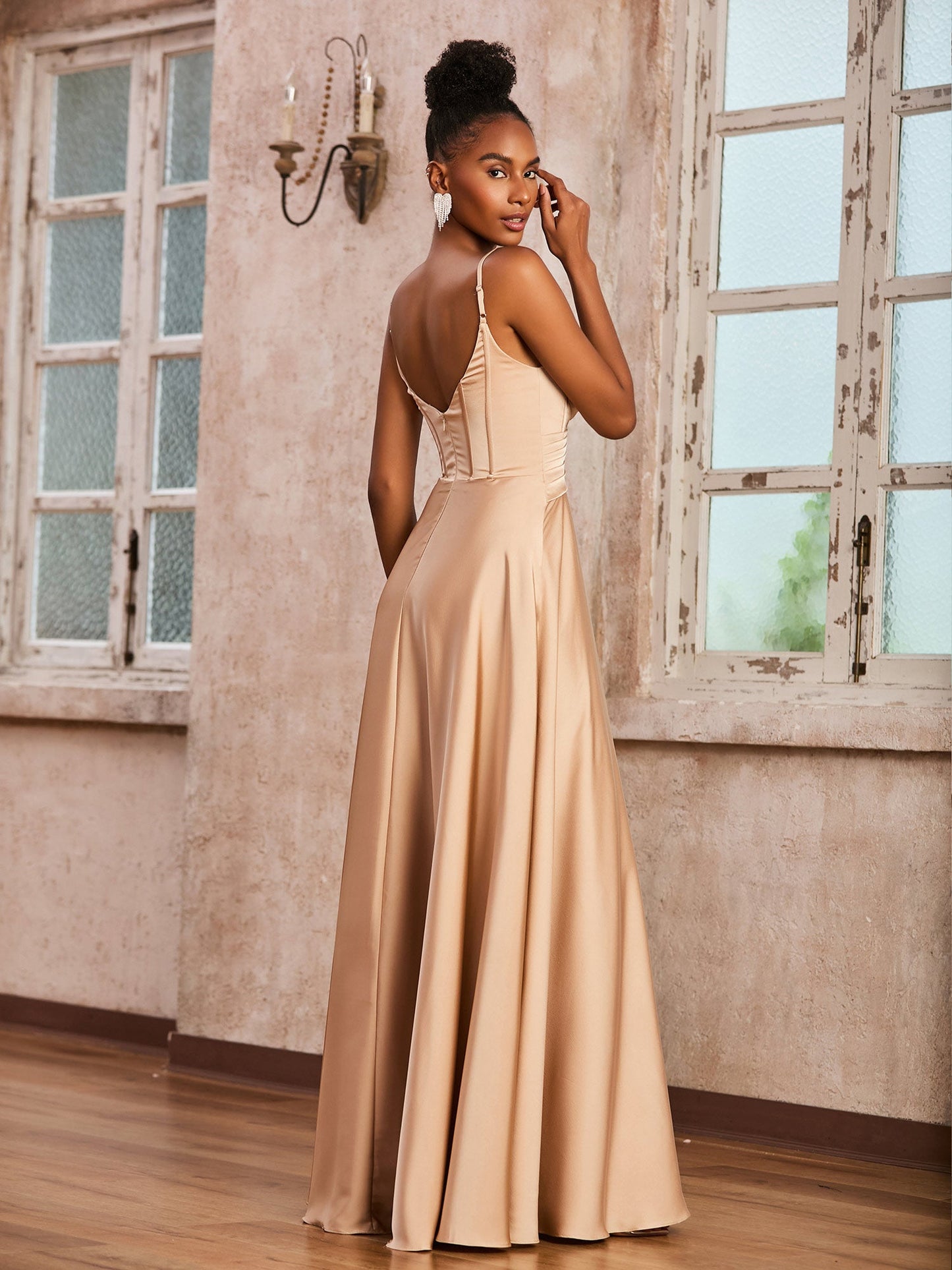 Corset Top Pleated Stretch Satin Dress Champagne
