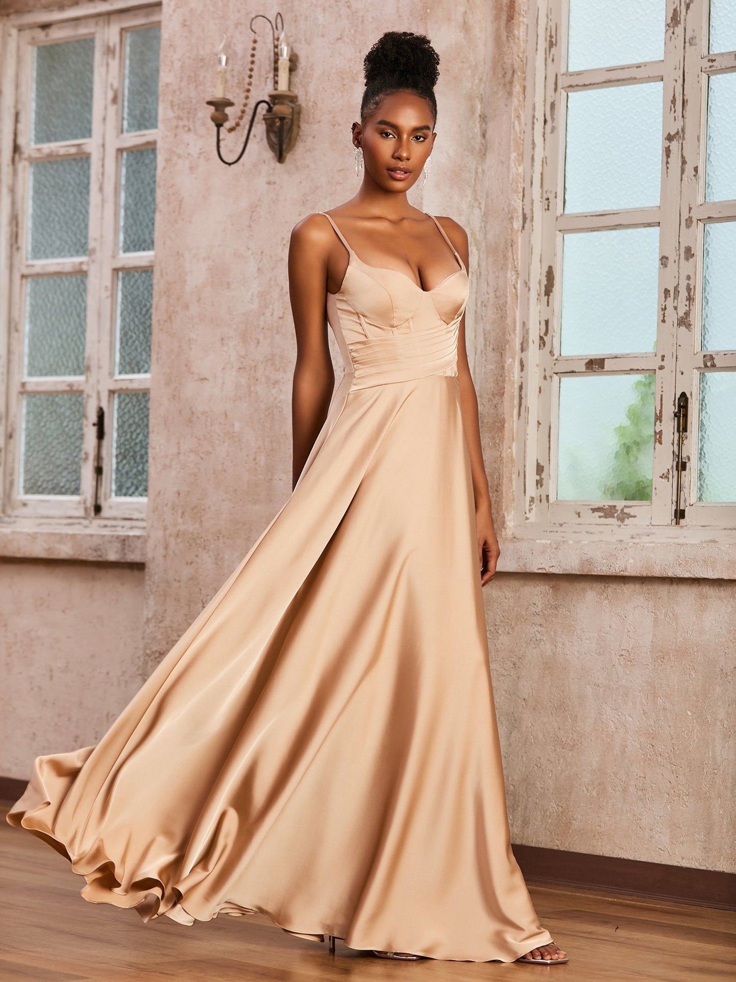 Corset Top Pleated Stretch Satin Dress Champagne