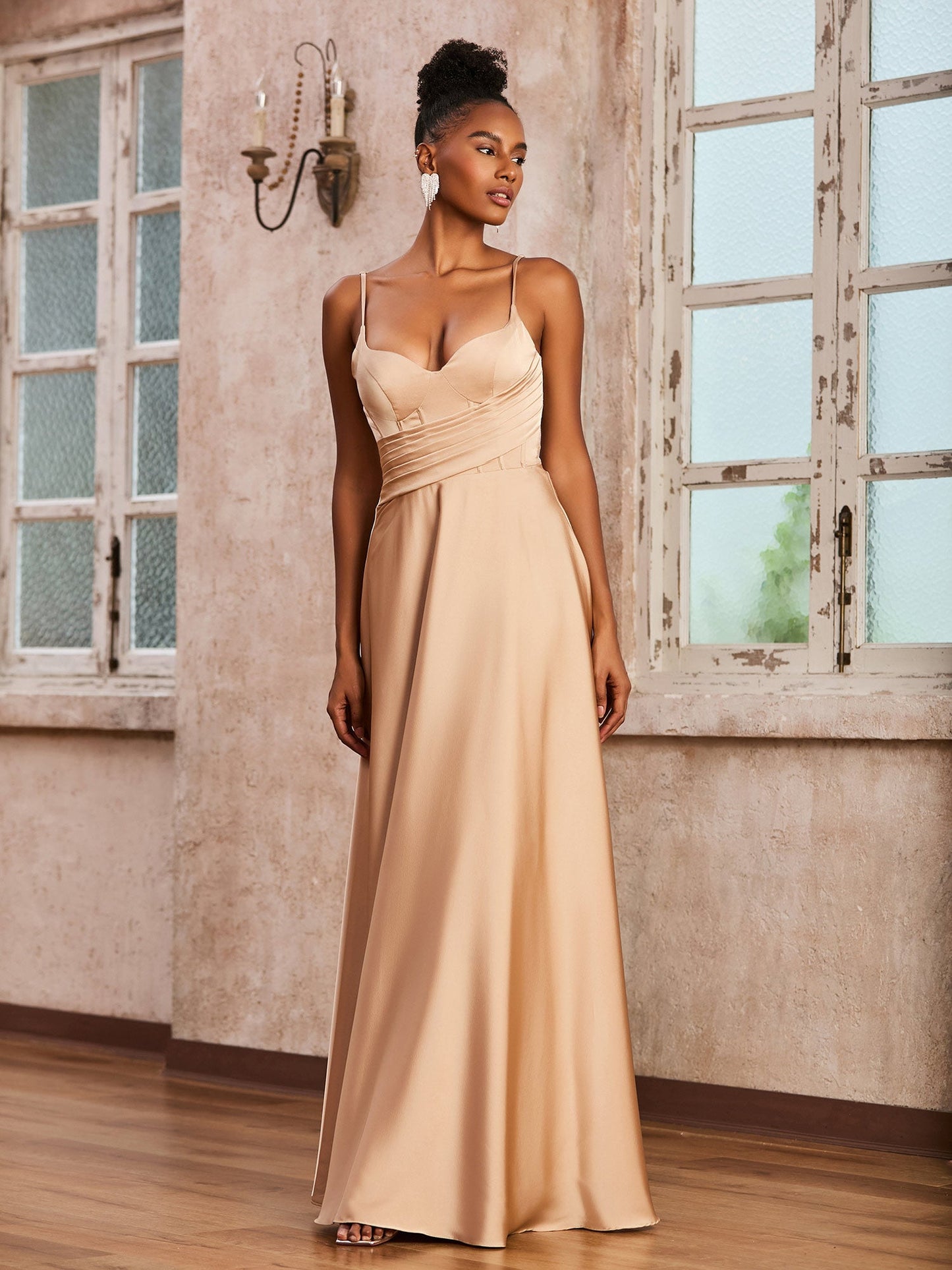 Corset Top Pleated Stretch Satin Dress Champagne
