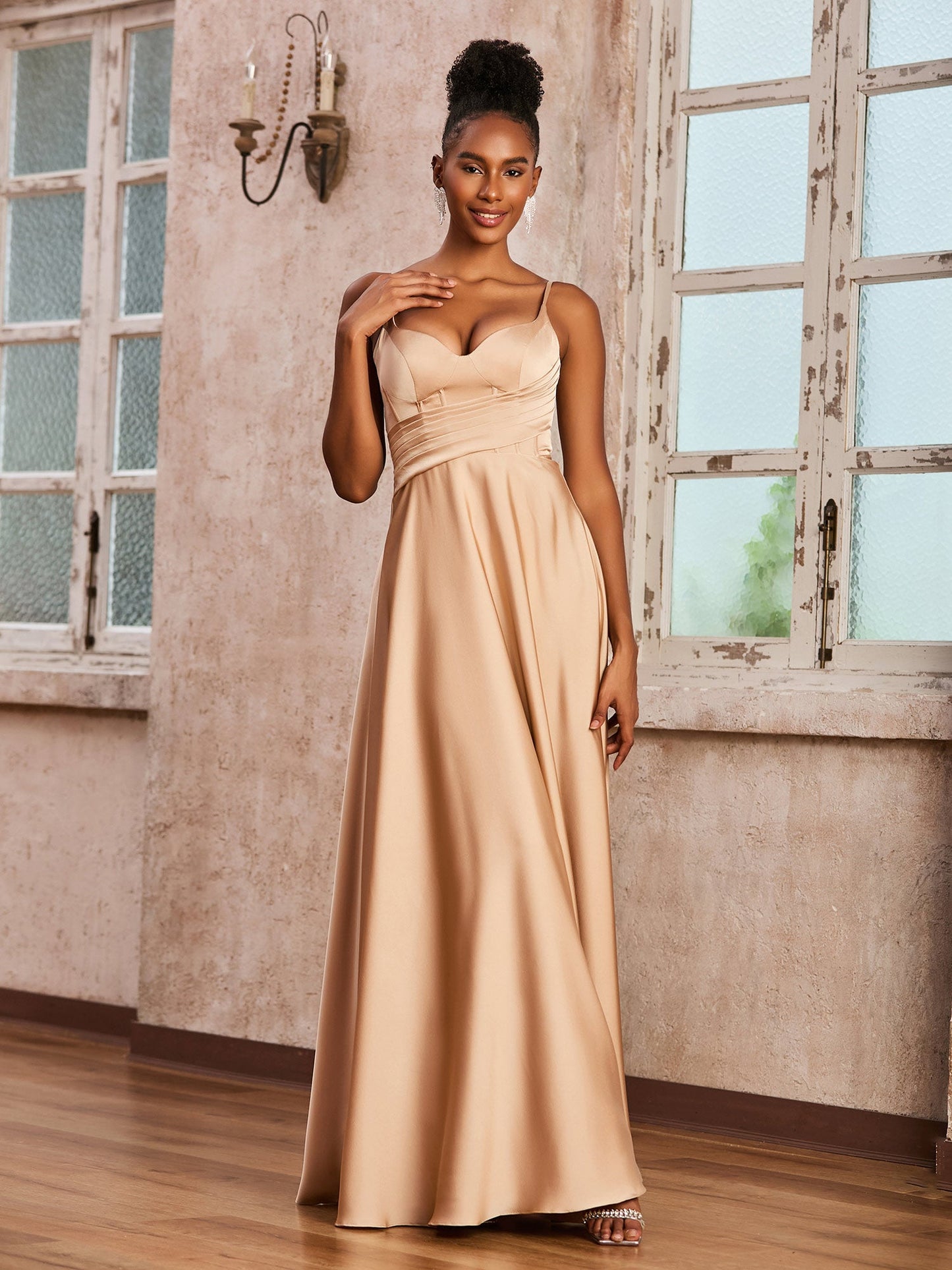 Corset Top Pleated Stretch Satin Dress Champagne