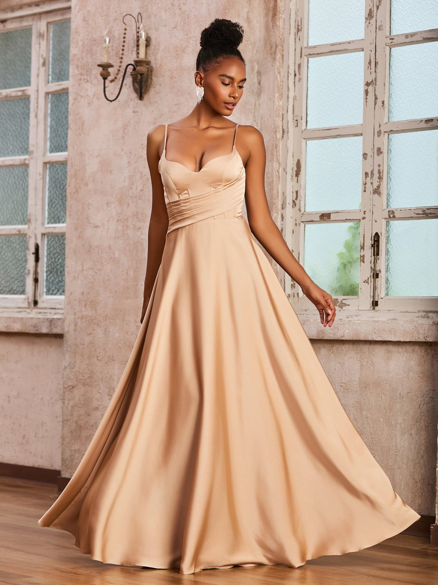 Corset Top Pleated Stretch Satin Dress Champagne