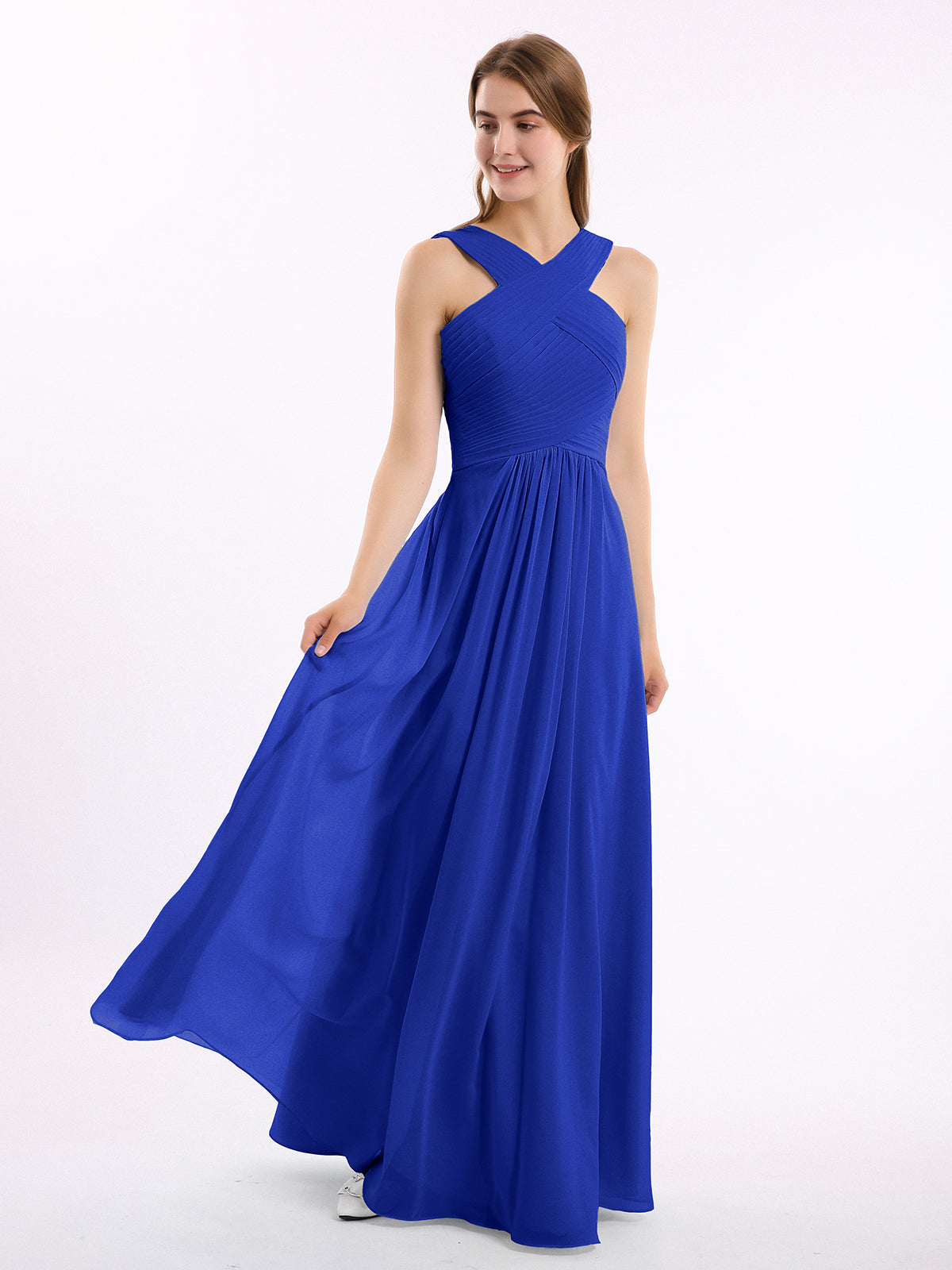 Cross Shoulder Strap Chiffon Dress with Empire Waist Royal Blue