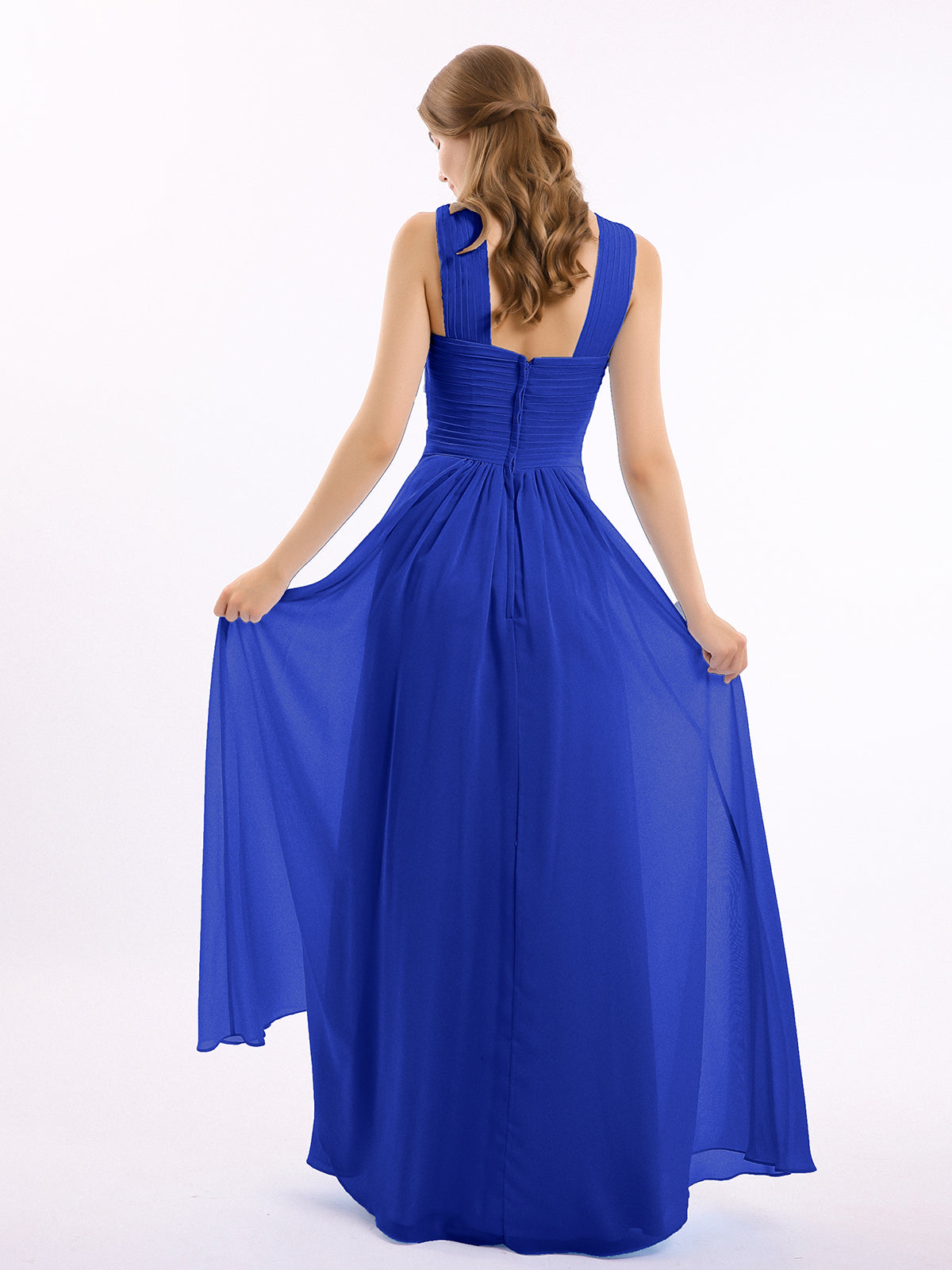 Cross Shoulder Strap Chiffon Dress with Empire Waist Royal Blue
