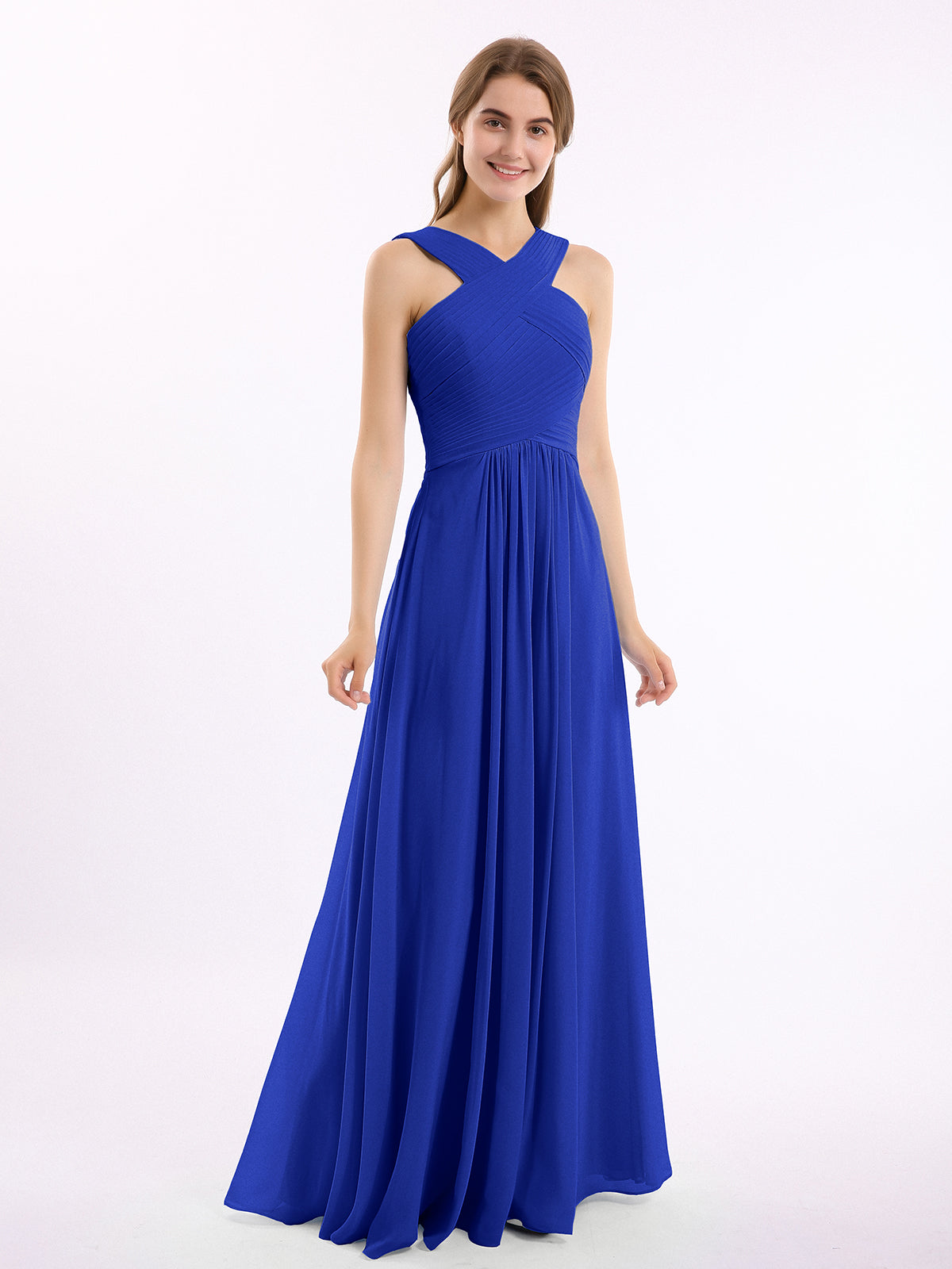 Cross Shoulder Strap Chiffon Dress with Empire Waist Royal Blue