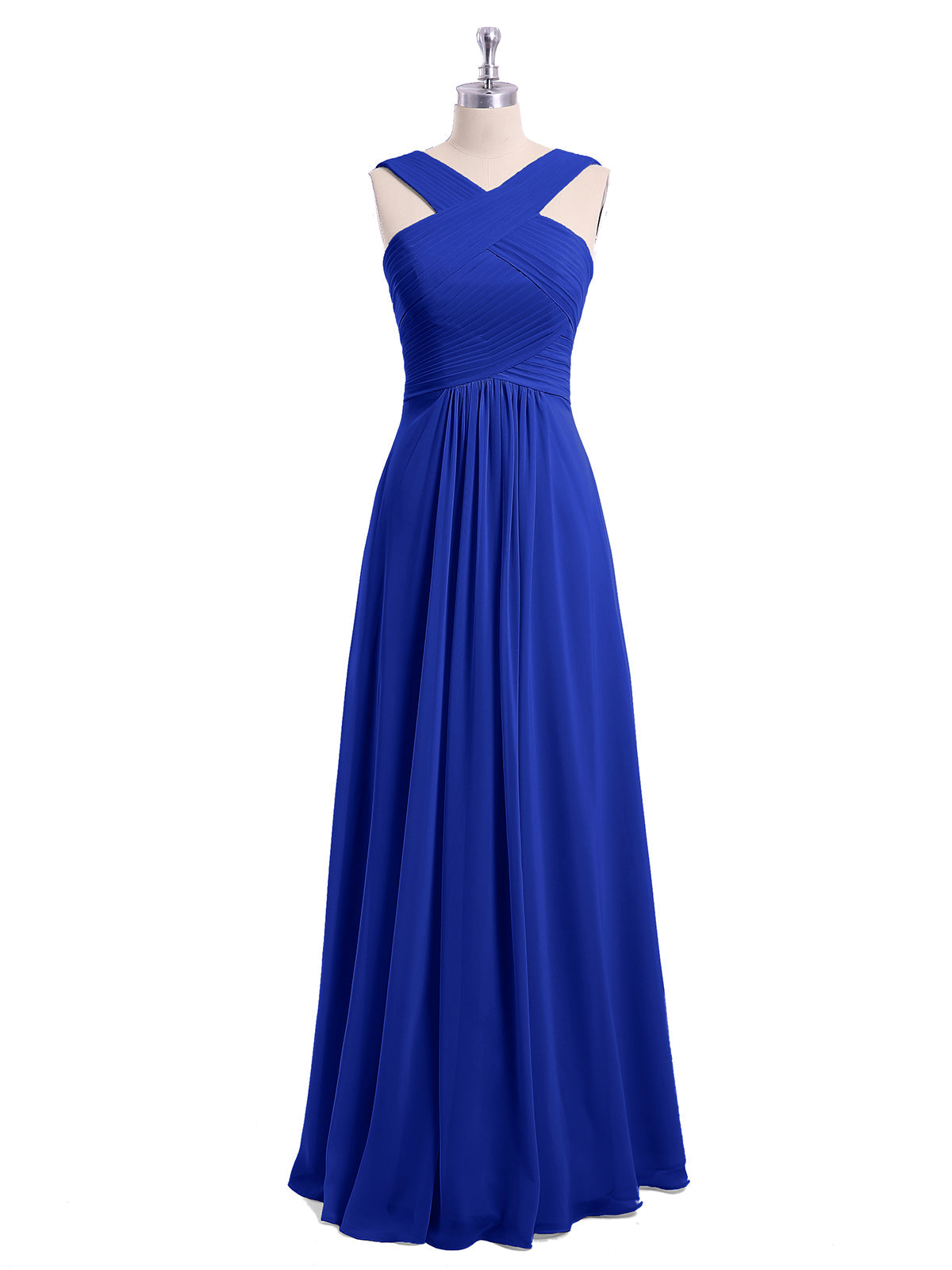 Cross Shoulder Strap Chiffon Dress with Empire Waist Royal Blue