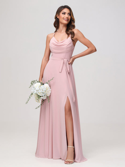 Sexy Cowl Neck Ruched Chiffon Long Dress with Slit Dusty Rose