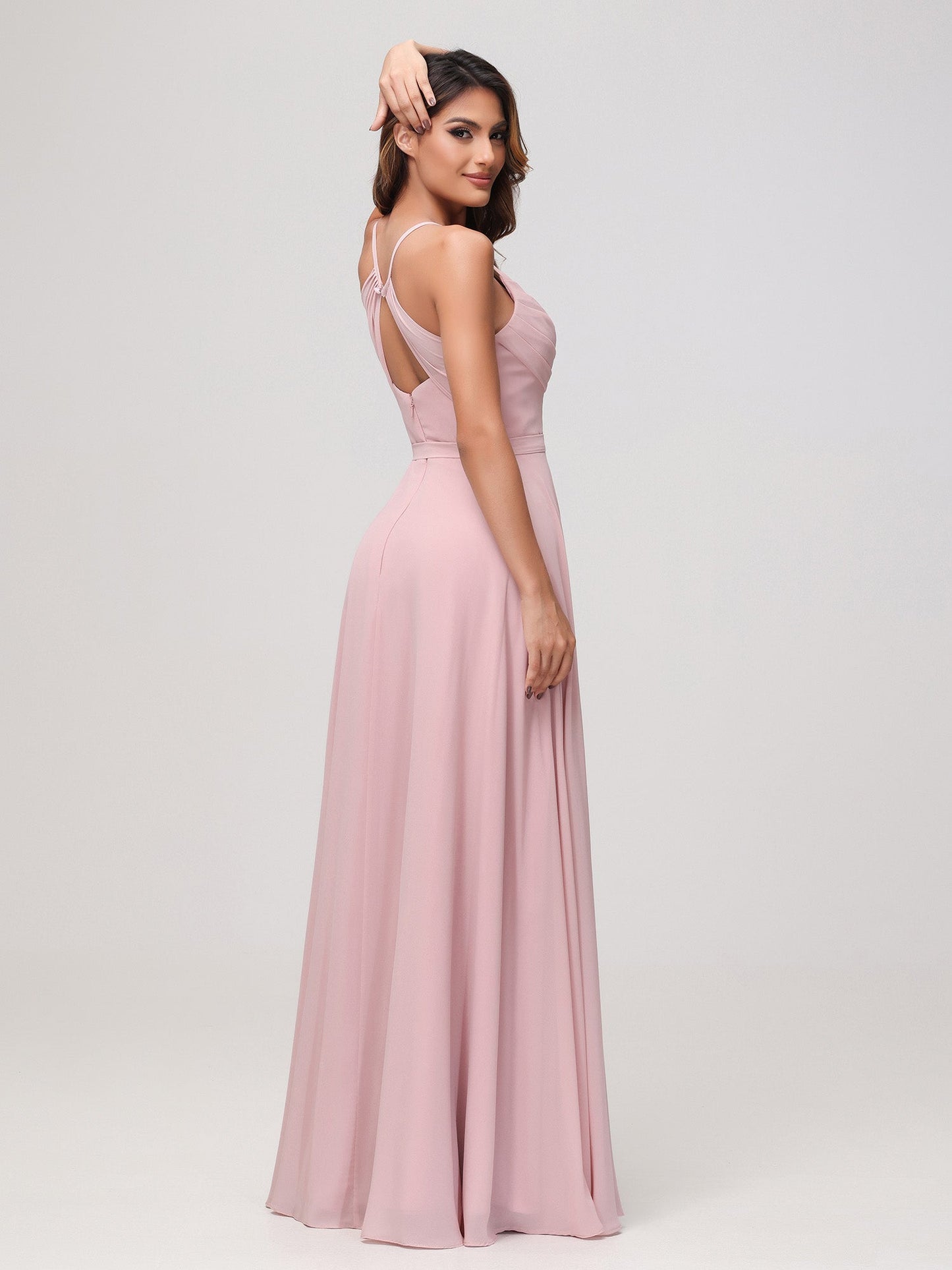 Sexy Cowl Neck Ruched Chiffon Long Dress with Slit Dusty Rose