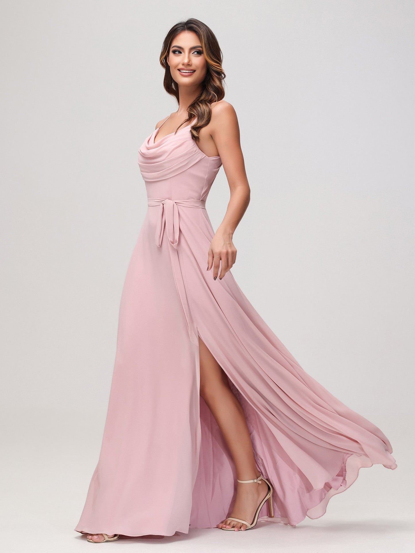 Sexy Cowl Neck Ruched Chiffon Long Dress with Slit Dusty Rose