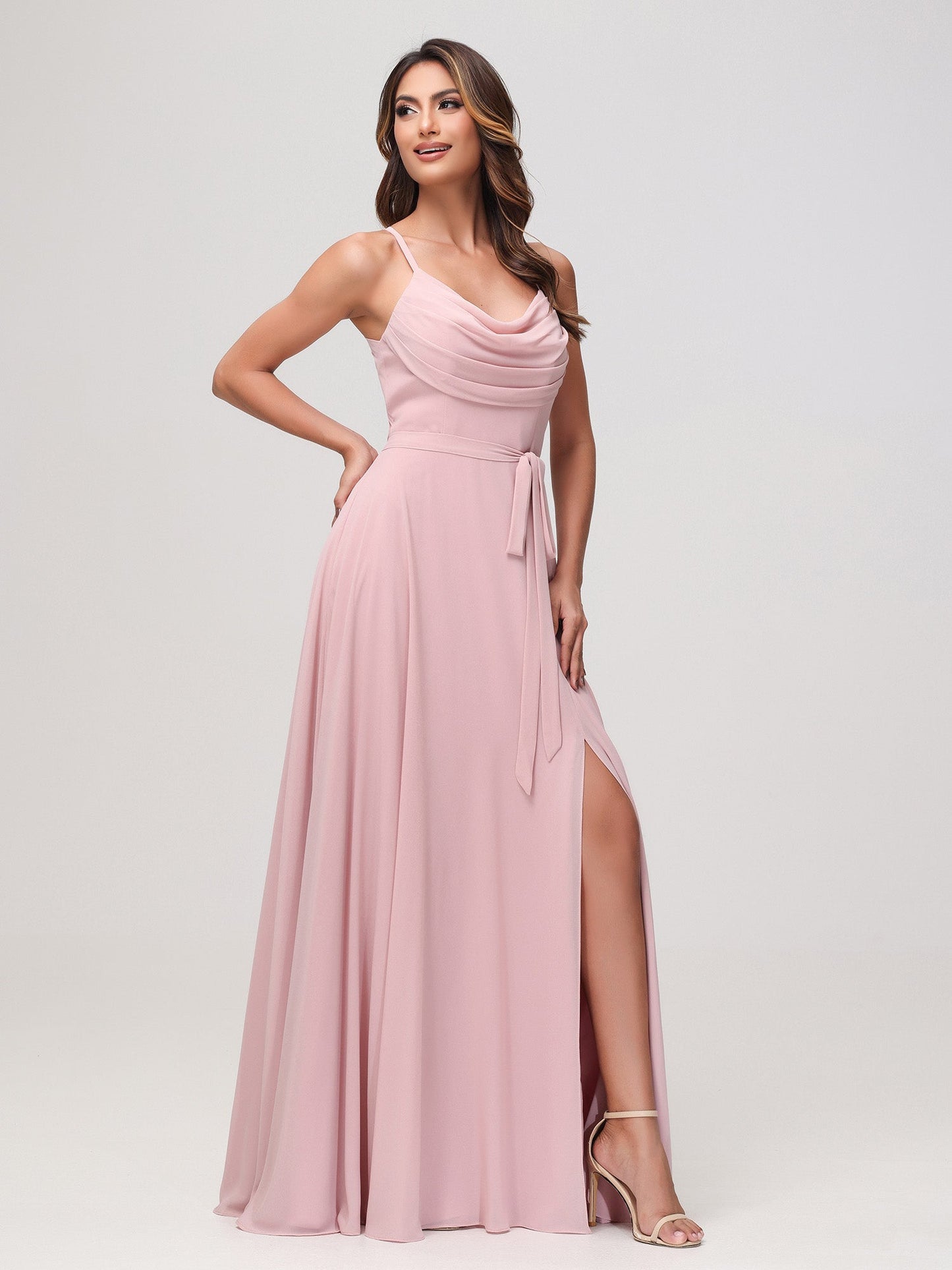 Sexy Cowl Neck Ruched Chiffon Long Dress with Slit Dusty Rose