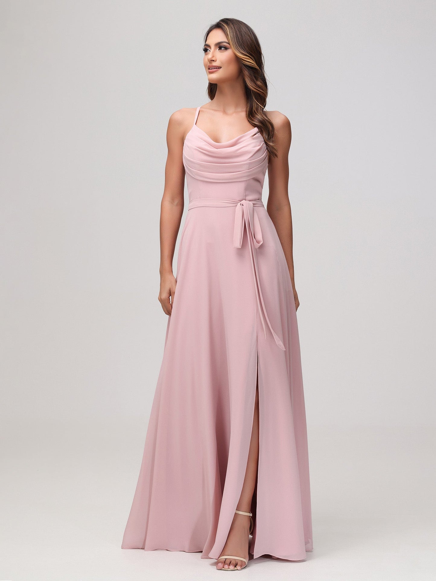 Sexy Cowl Neck Ruched Chiffon Long Dress with Slit Dusty Rose