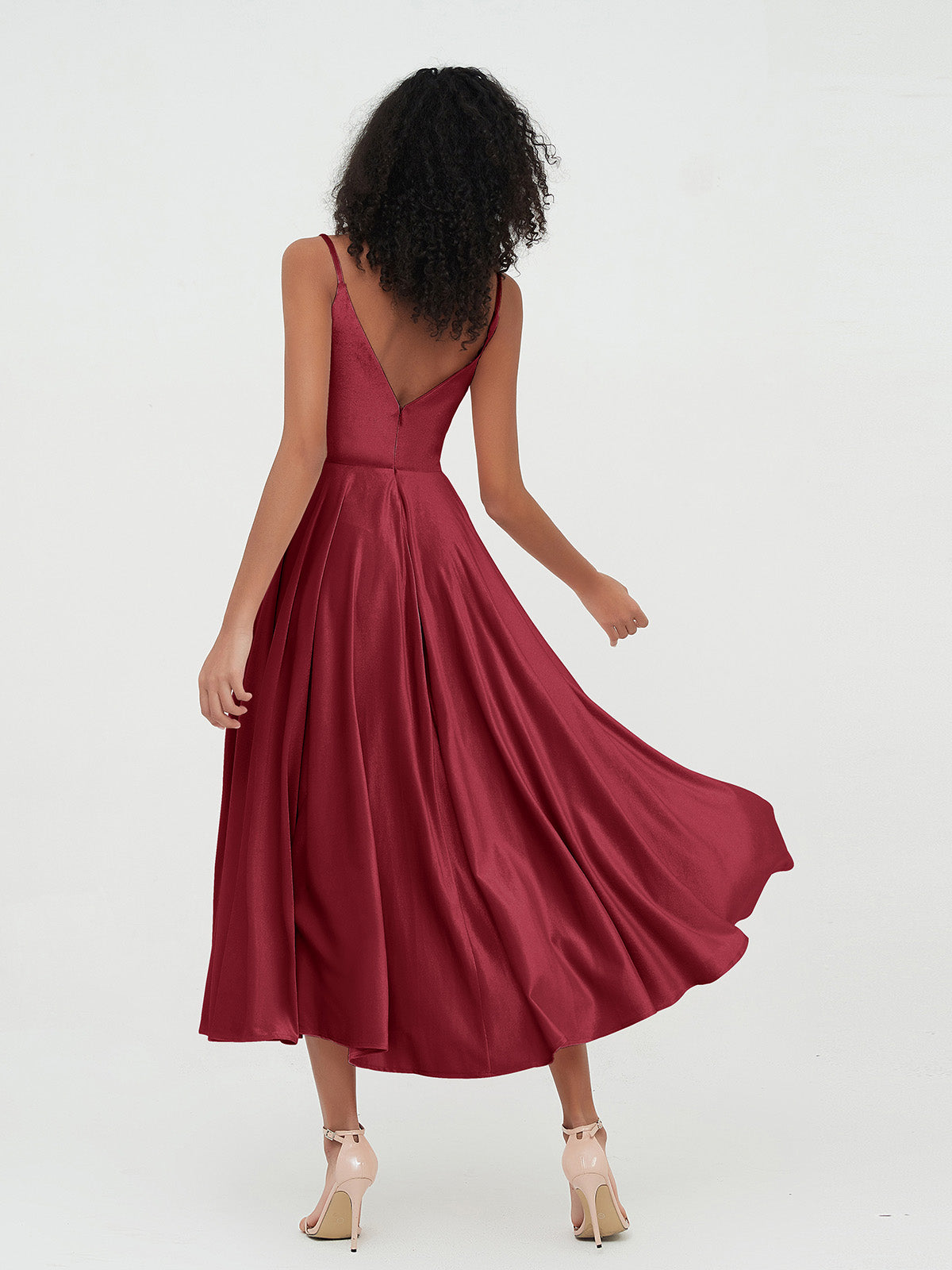 Spaghetti Straps Velvet Midi Dresses with Pockets Burgundy